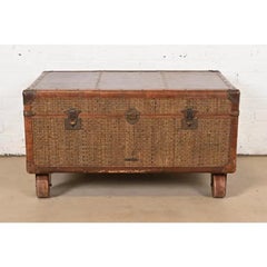 Baker Furniture Campaign Rattan and Leather Trunk Coffee Table