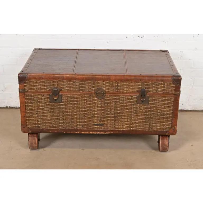 American Baker Furniture Campaign Rattan and Leather Trunk Coffee Table For Sale