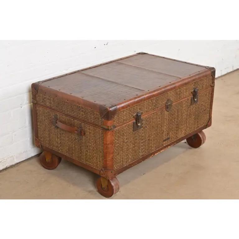 20th Century Baker Furniture Campaign Rattan and Leather Trunk Coffee Table For Sale