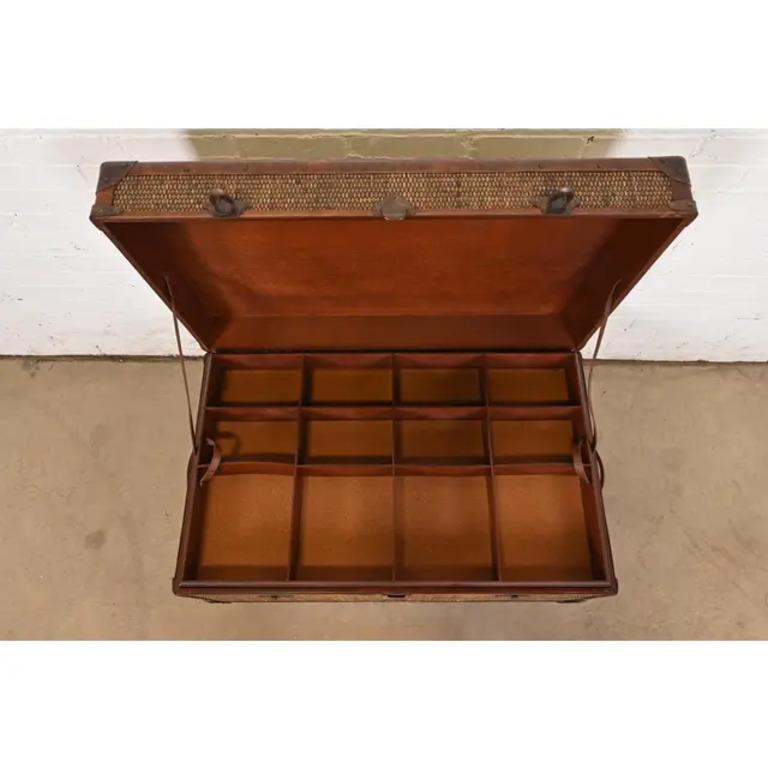 Brass Baker Furniture Campaign Rattan and Leather Trunk Coffee Table For Sale
