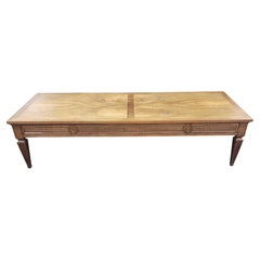 Baker Furniture Oversize Carved & Flame Walnut Banded Cocktail Coffee Table