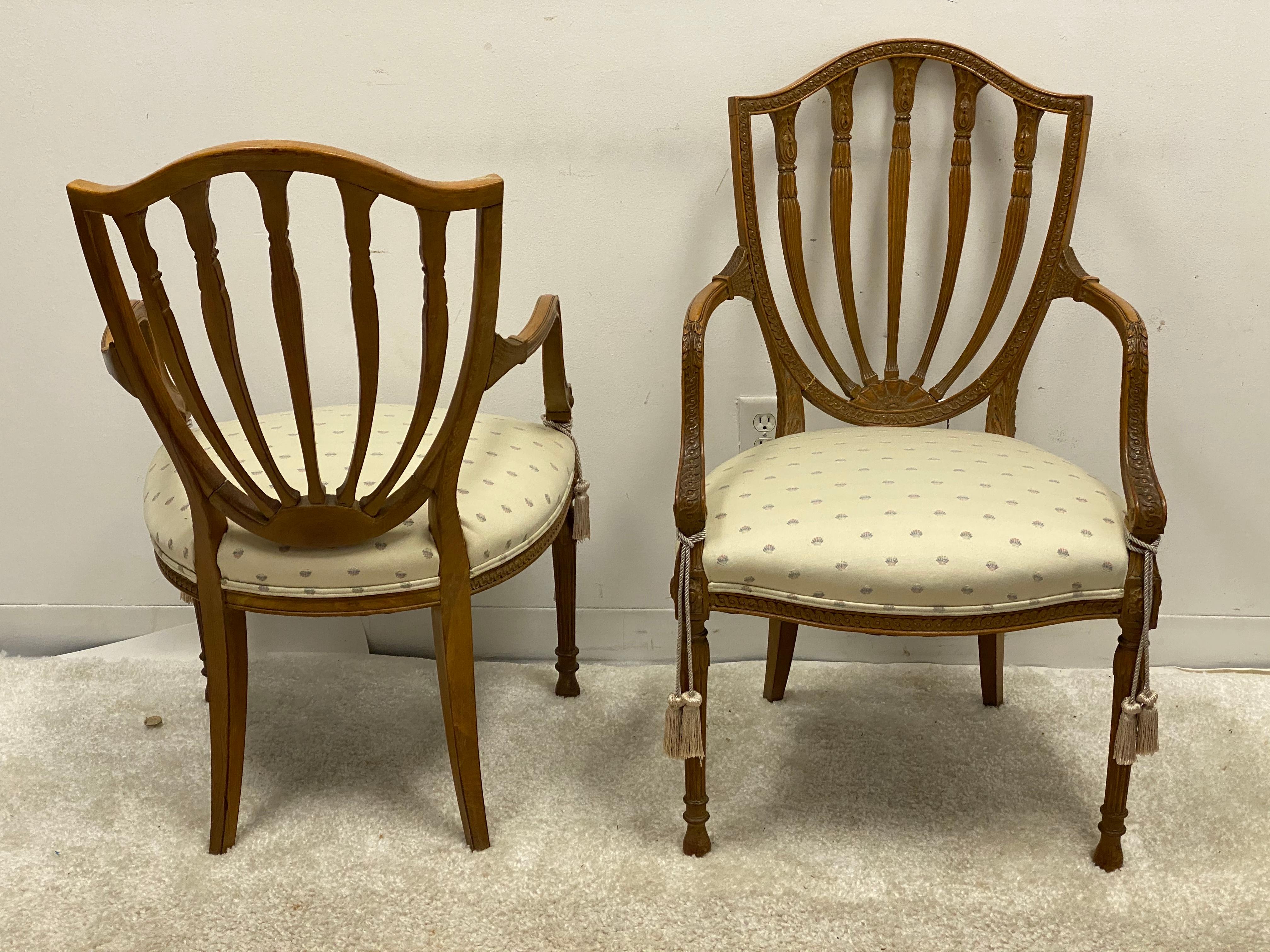 Upholstery Baker Furniture Carved Fruitwood Shieldback Adam Style Chairs, Pair For Sale