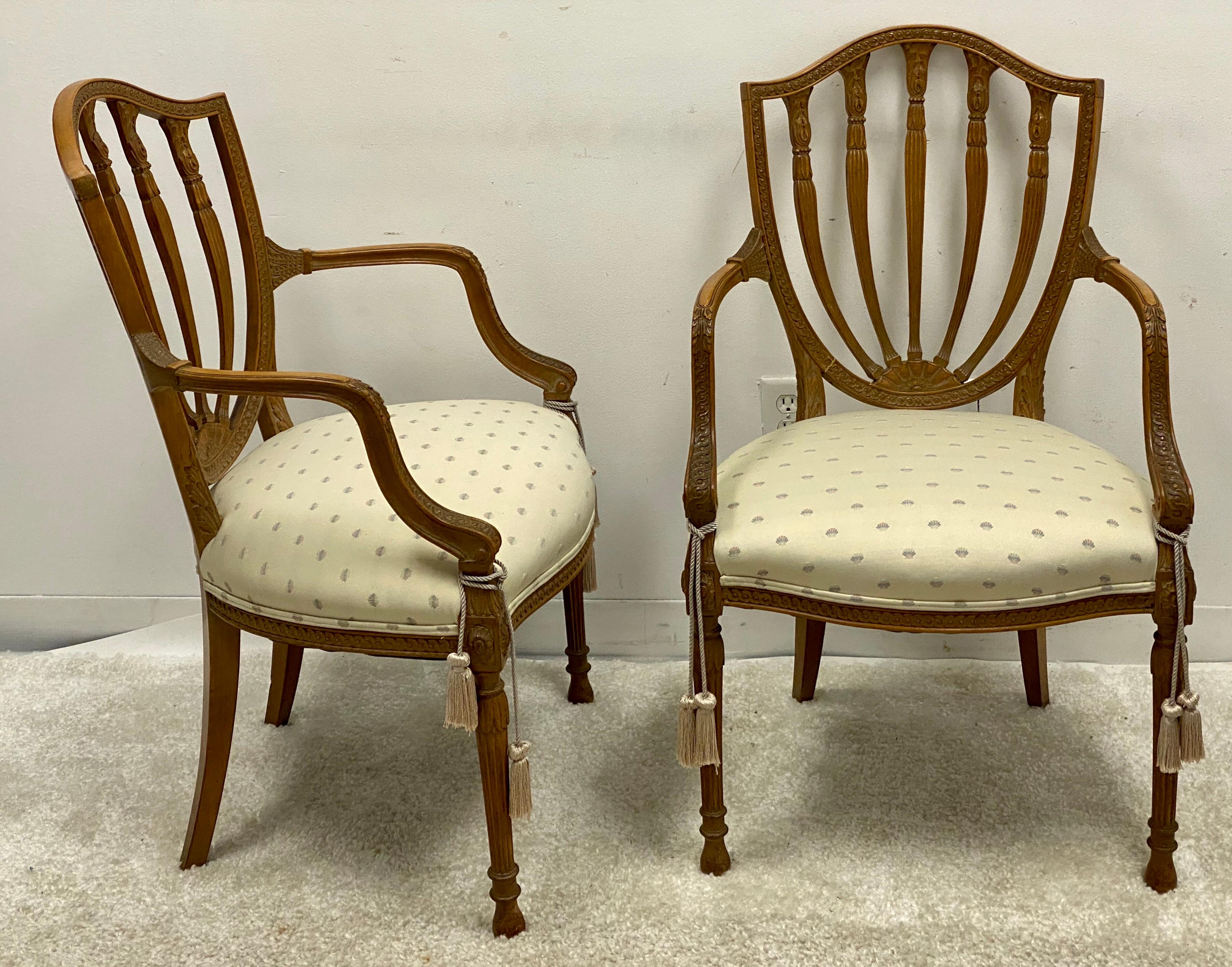 Baker Furniture Carved Fruitwood Shieldback Adam Style Chairs, Pair For Sale 1