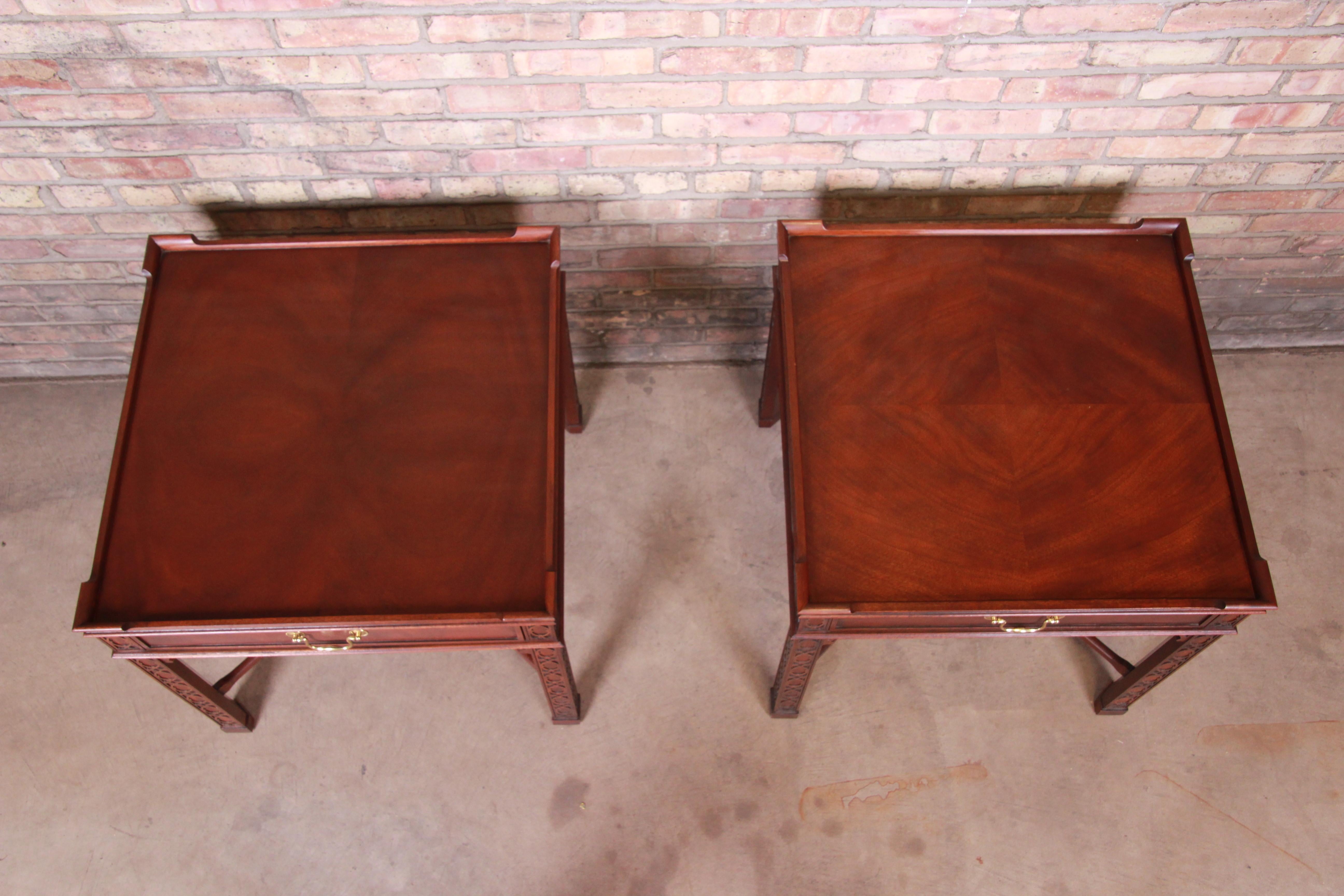 Baker Furniture Carved Mahogany Chippendale Nightstands or End Tables, Pair 7