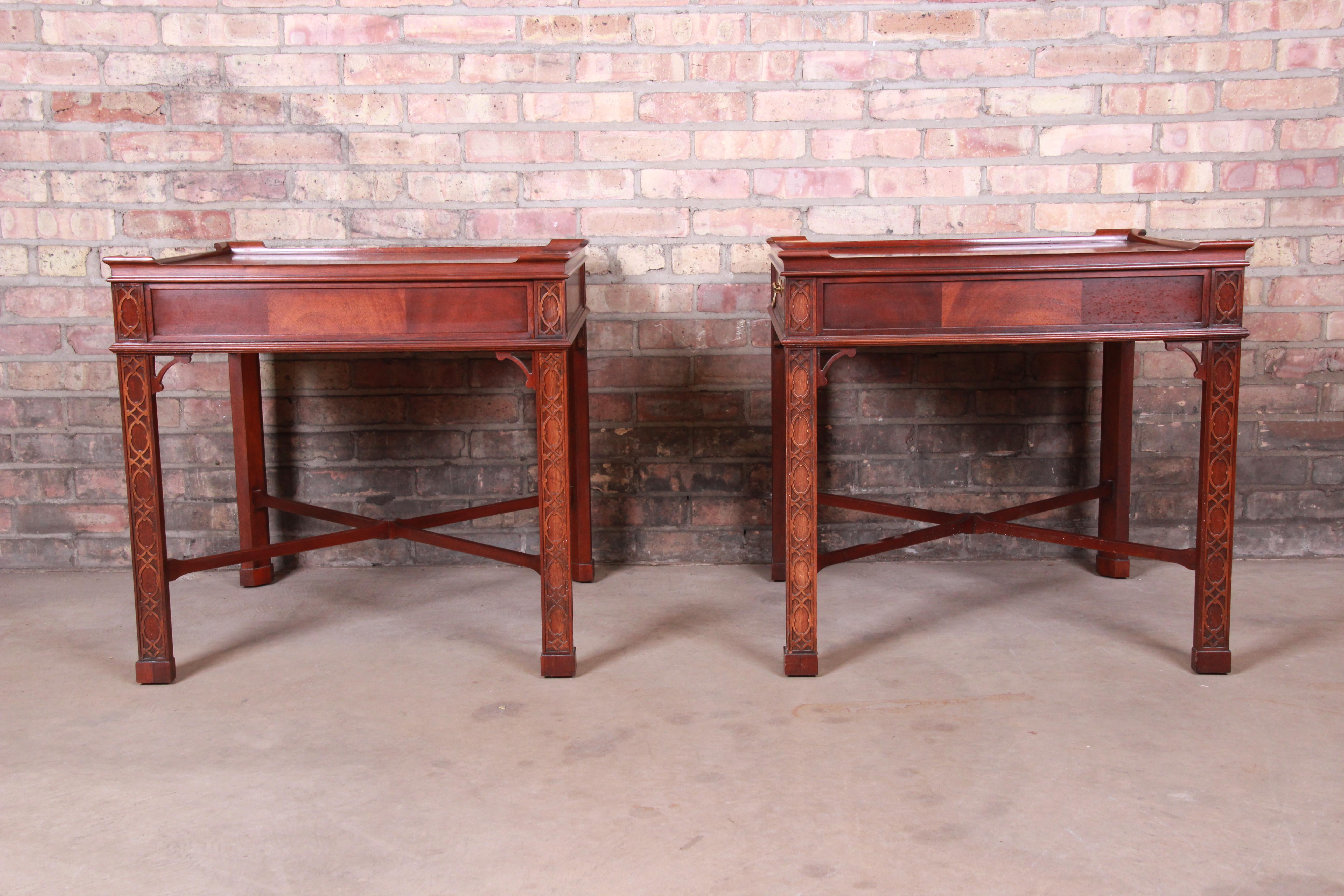 Baker Furniture Carved Mahogany Chippendale Nightstands or End Tables, Pair 8