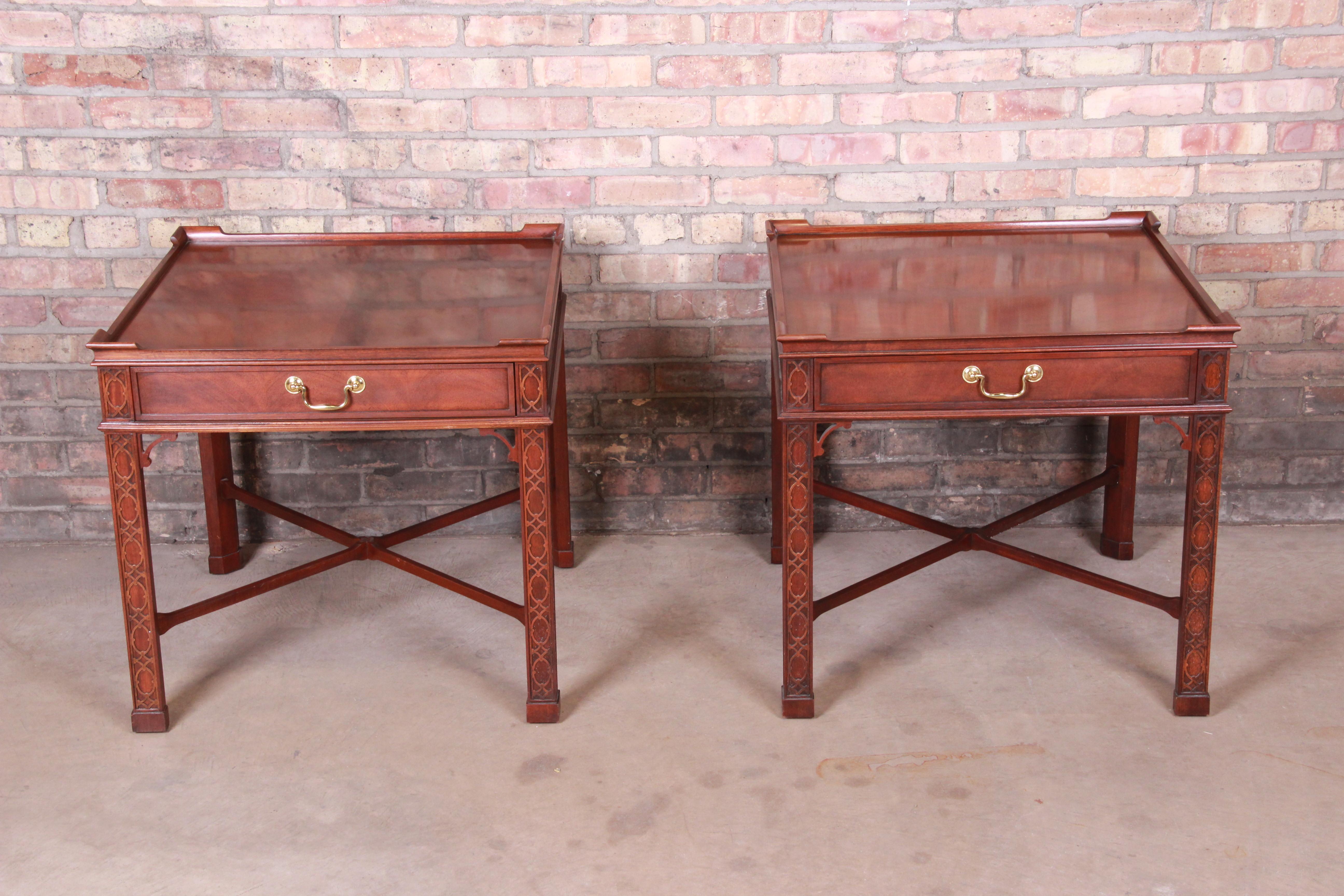 American Baker Furniture Carved Mahogany Chippendale Nightstands or End Tables, Pair