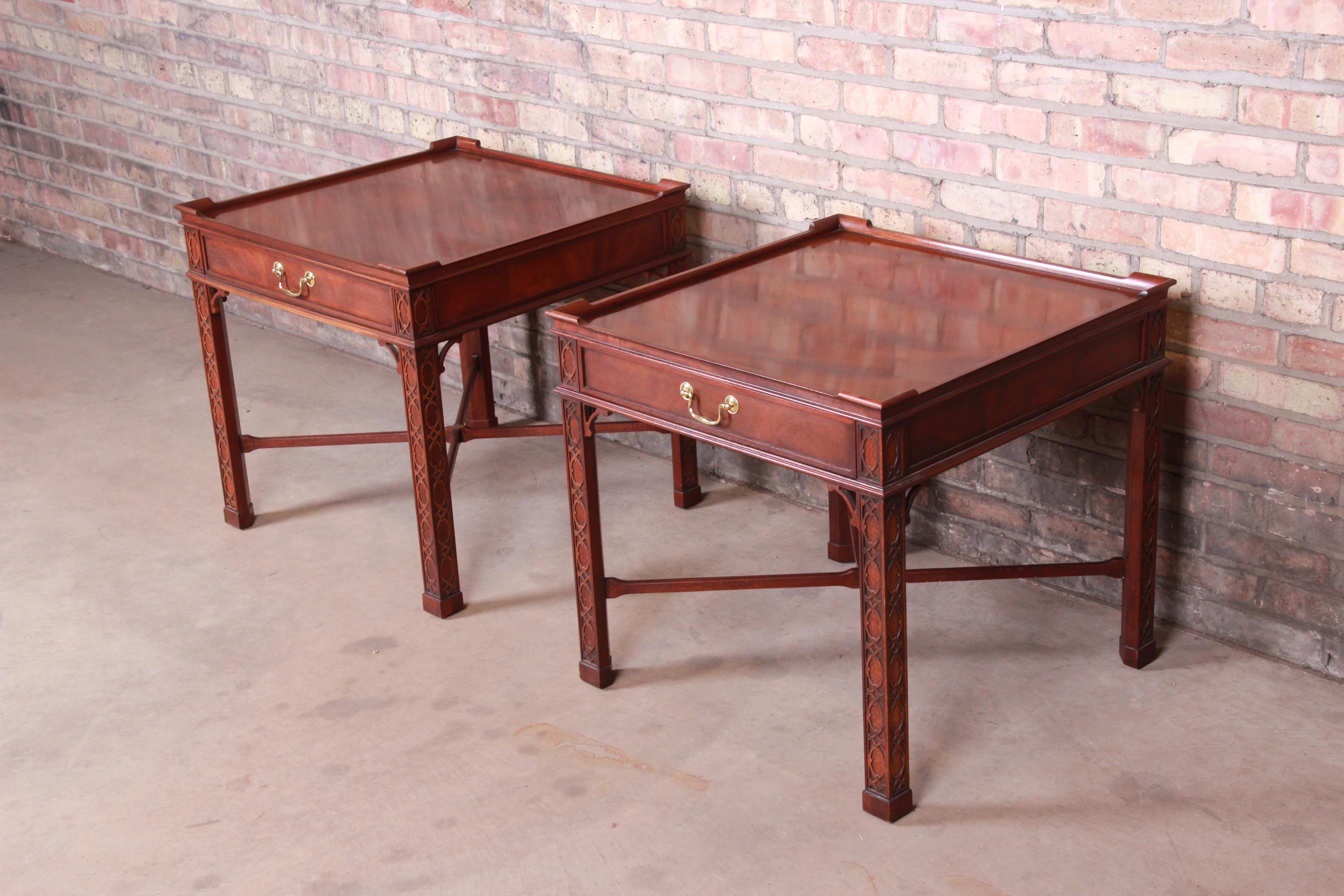 Baker Furniture Carved Mahogany Chippendale Nightstands or End Tables, Pair In Good Condition In South Bend, IN