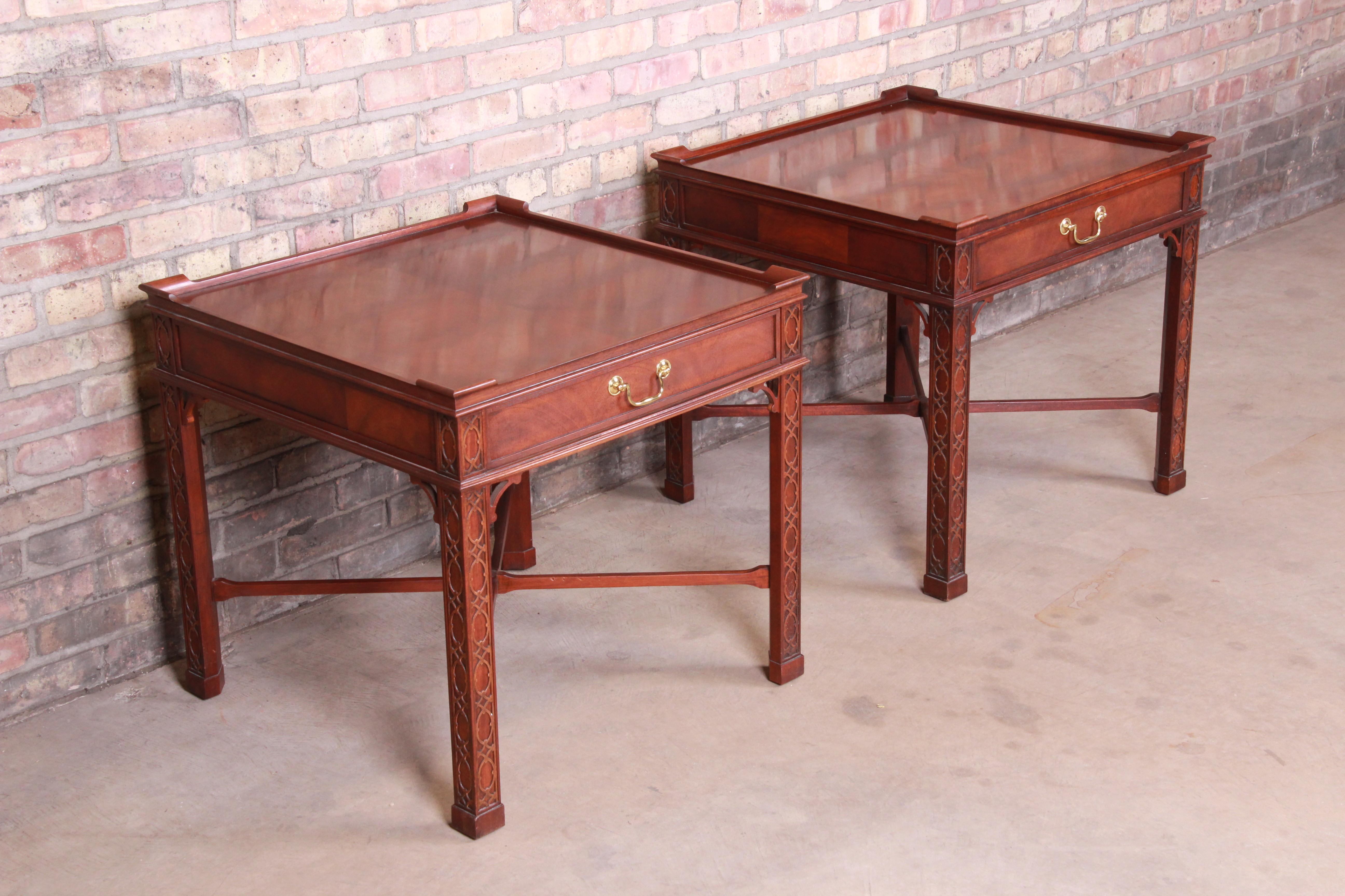 20th Century Baker Furniture Carved Mahogany Chippendale Nightstands or End Tables, Pair