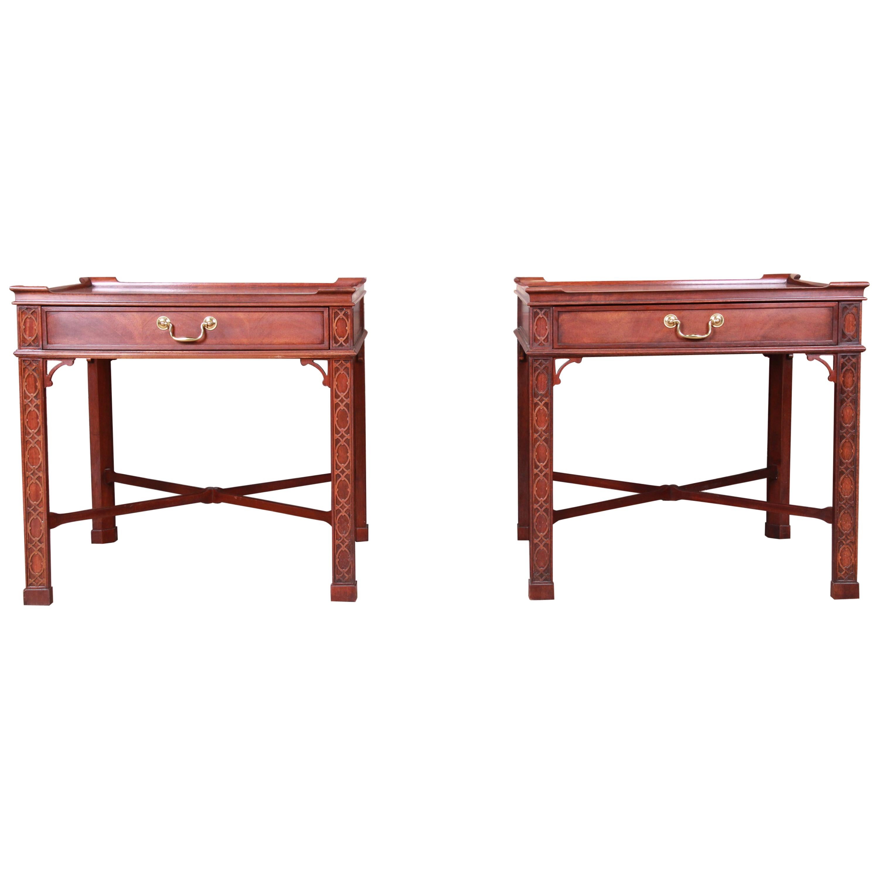 Baker Furniture Carved Mahogany Chippendale Nightstands or End Tables, Pair