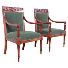 Vintage Baker Furniture Carved Walnut and Velvet Upholstered Lounge Chairs, Pair