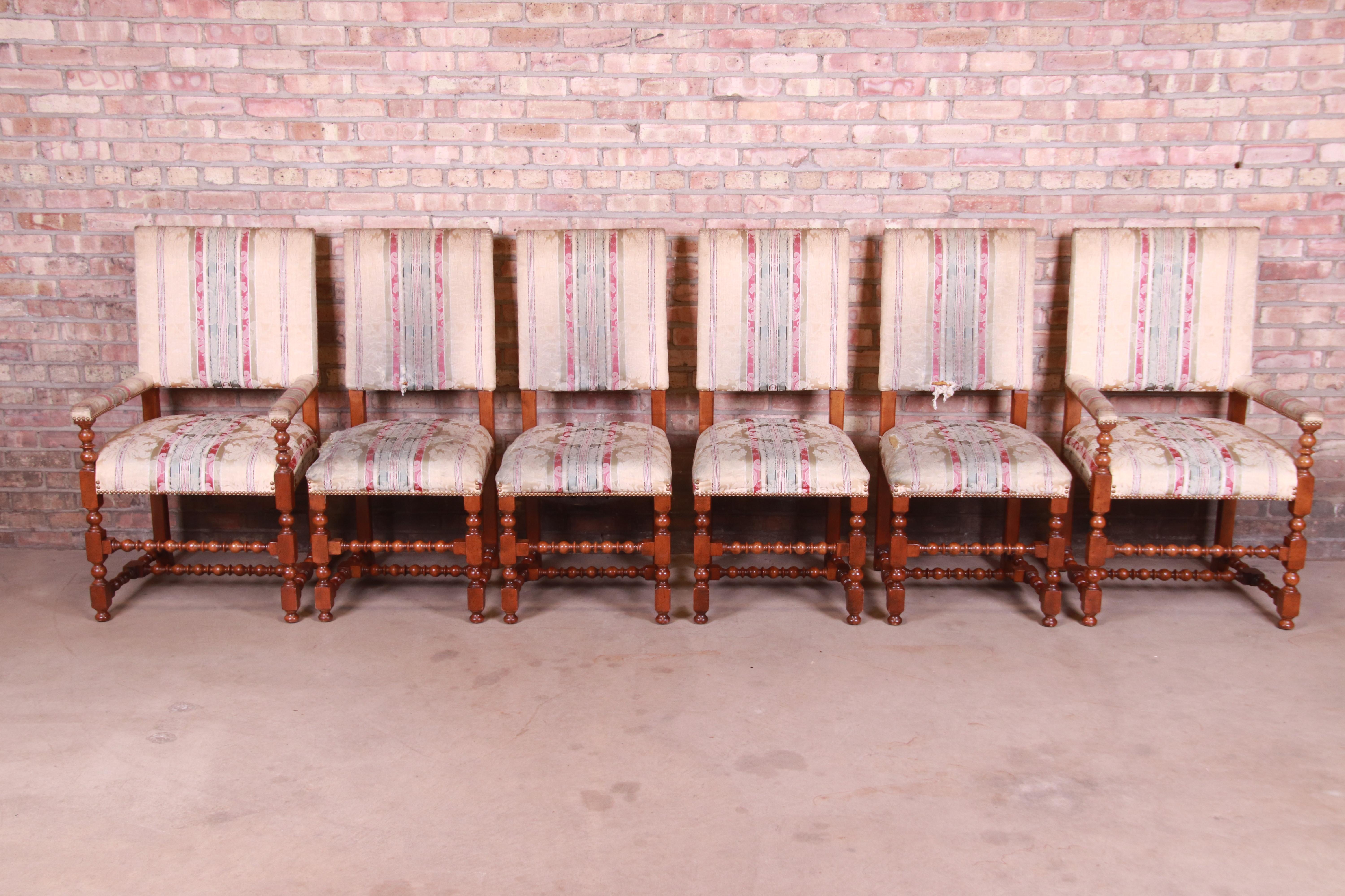 British Colonial Baker Furniture Carved Walnut Upholstered Dining Chairs, Set of Six