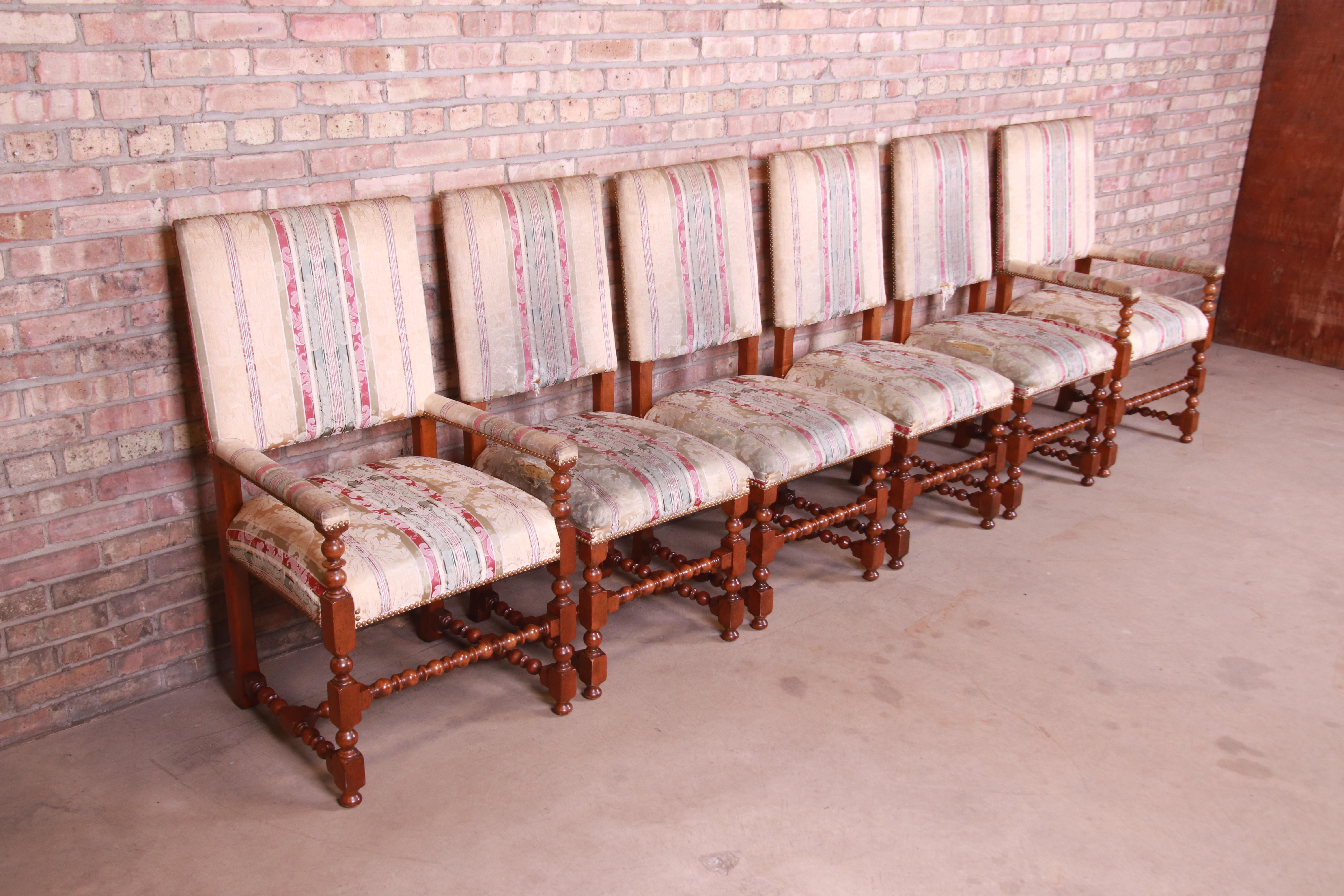 Baker Furniture Carved Walnut Upholstered Dining Chairs, Set of Six In Good Condition In South Bend, IN