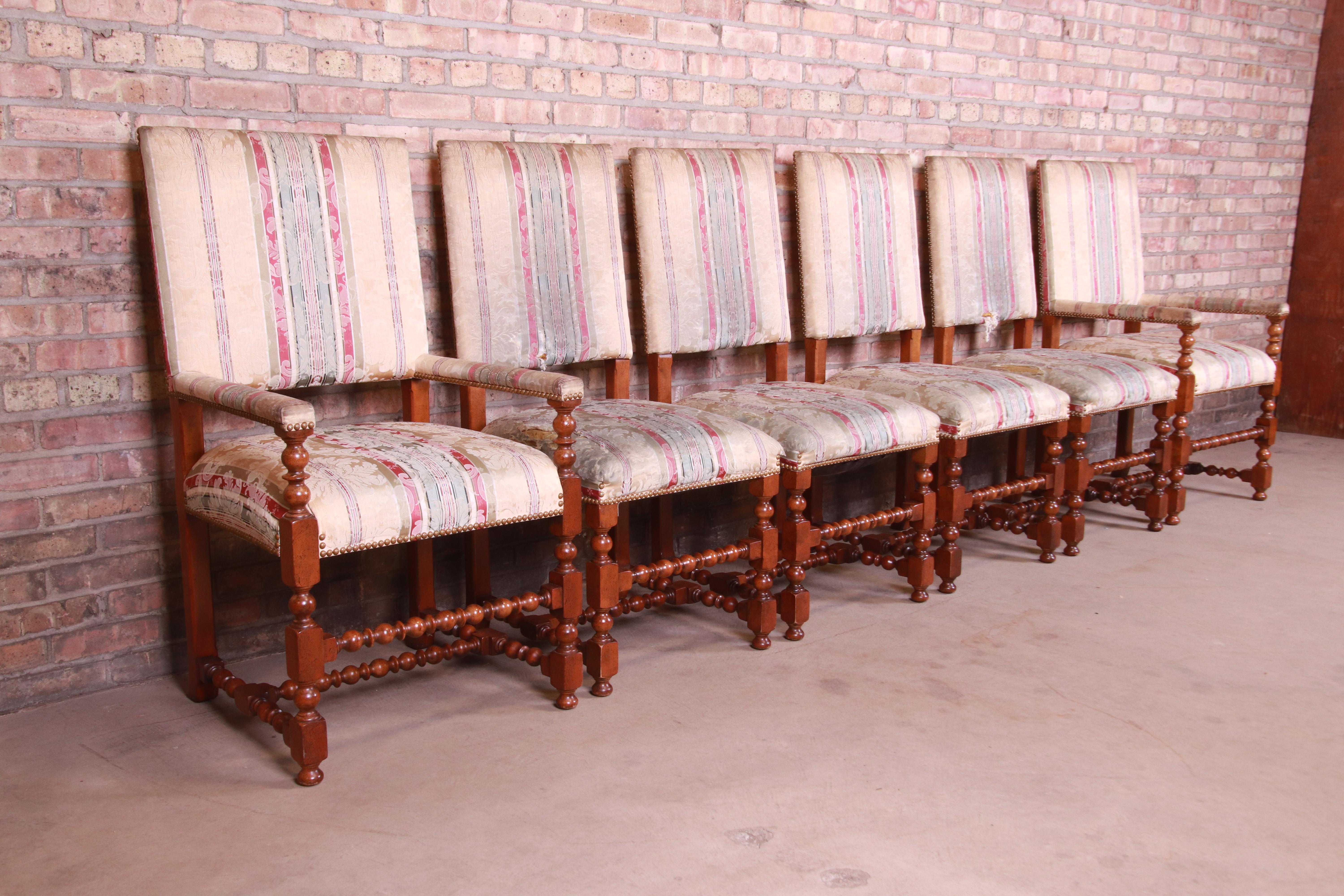 Mid-20th Century Baker Furniture Carved Walnut Upholstered Dining Chairs, Set of Six