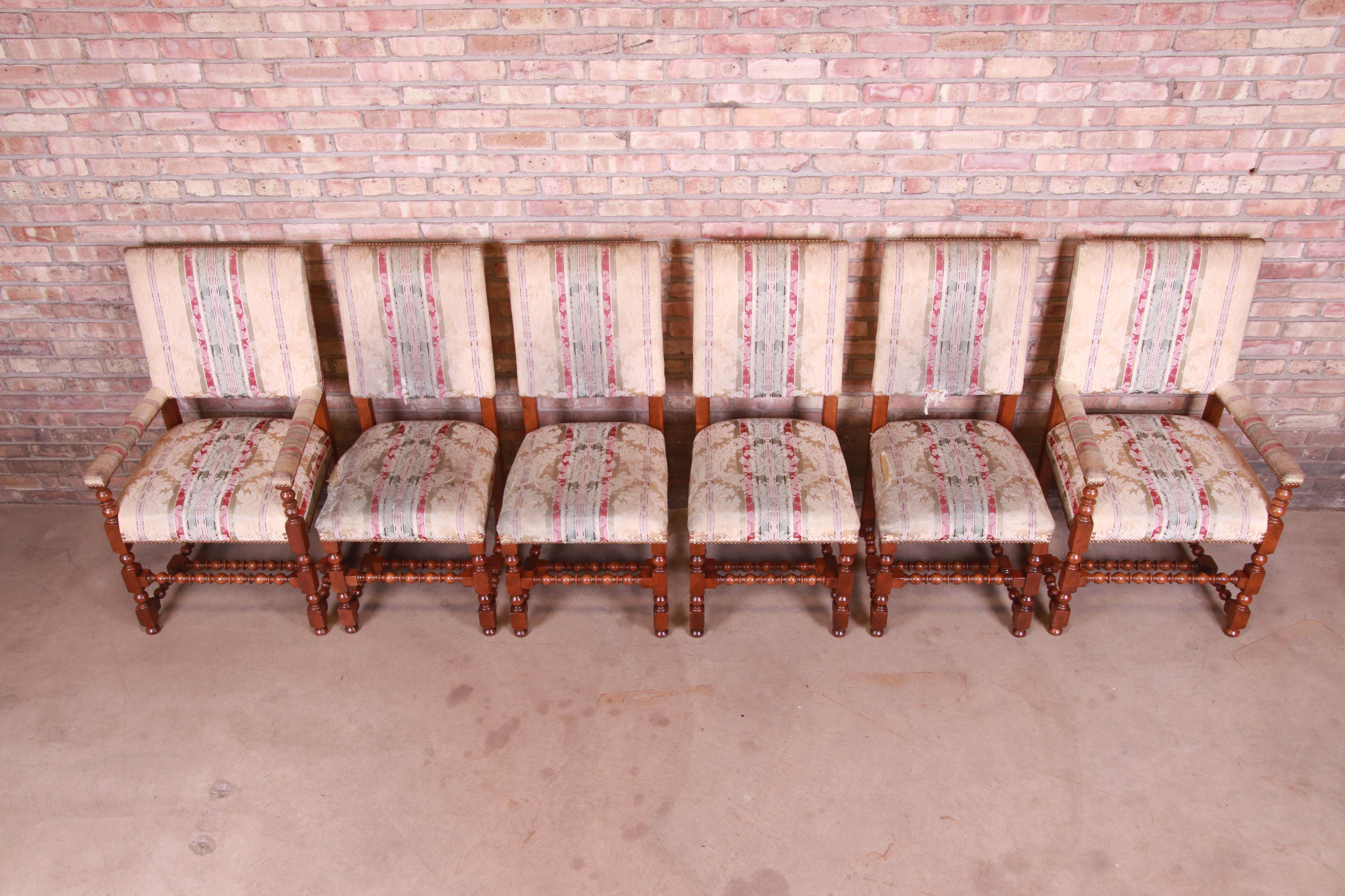 Upholstery Baker Furniture Carved Walnut Upholstered Dining Chairs, Set of Six