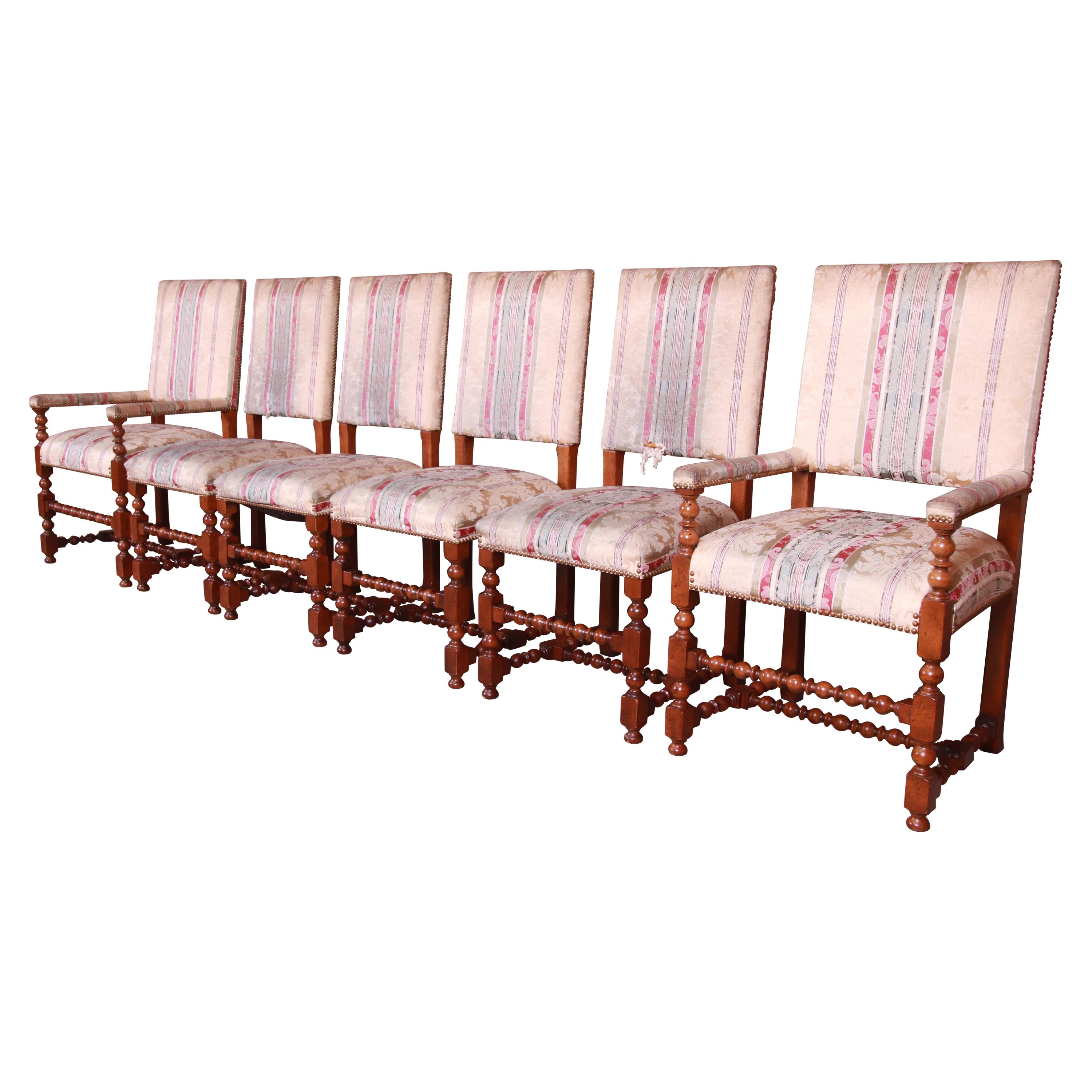 Baker Furniture Carved Walnut Upholstered Dining Chairs, Set of Six