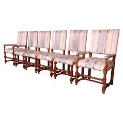 Vintage Baker Furniture Carved Walnut Upholstered Dining Chairs, Set of Six