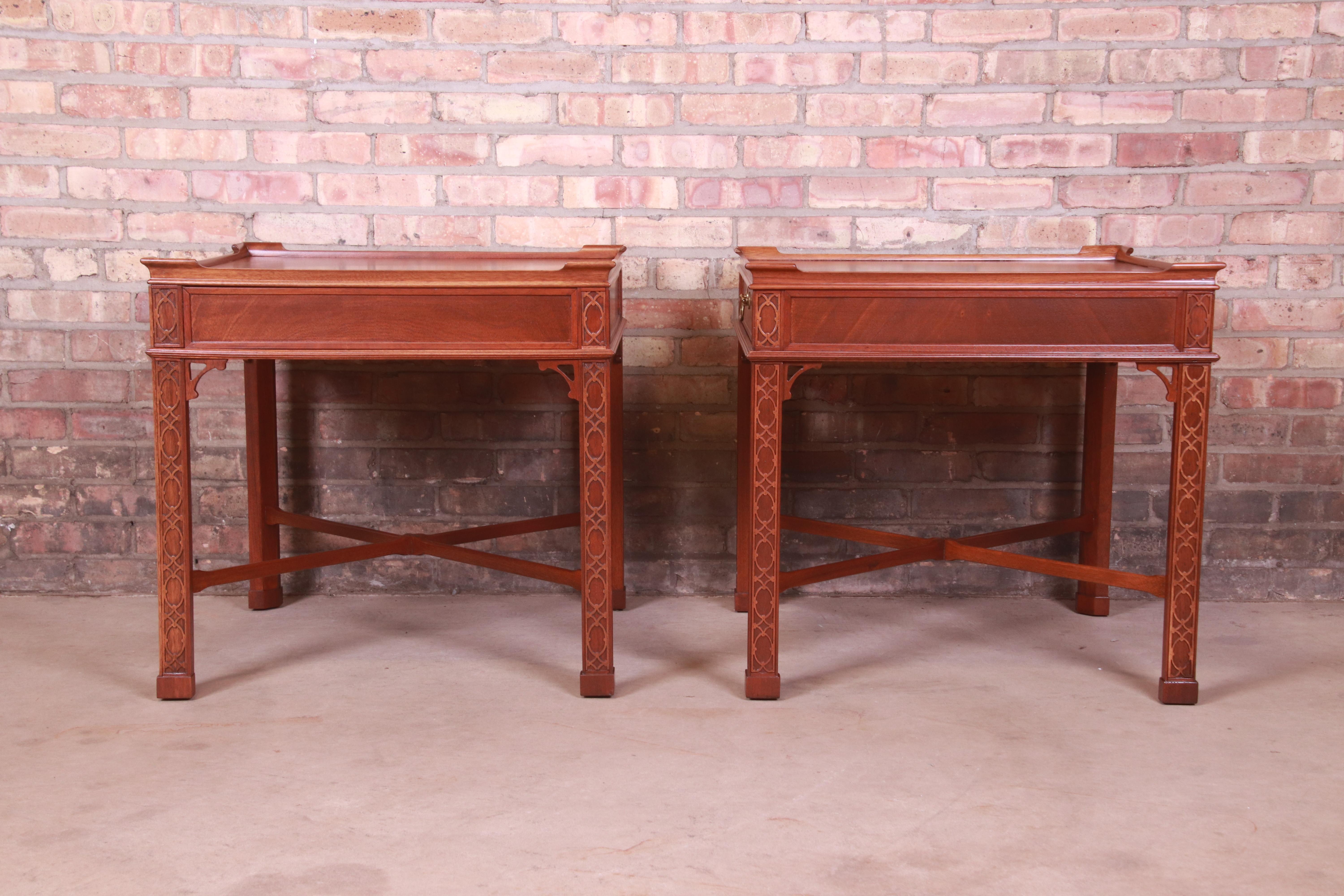 Baker Furniture Chinese Chippendale Carved Mahogany Bedside Tables, Refinished 10