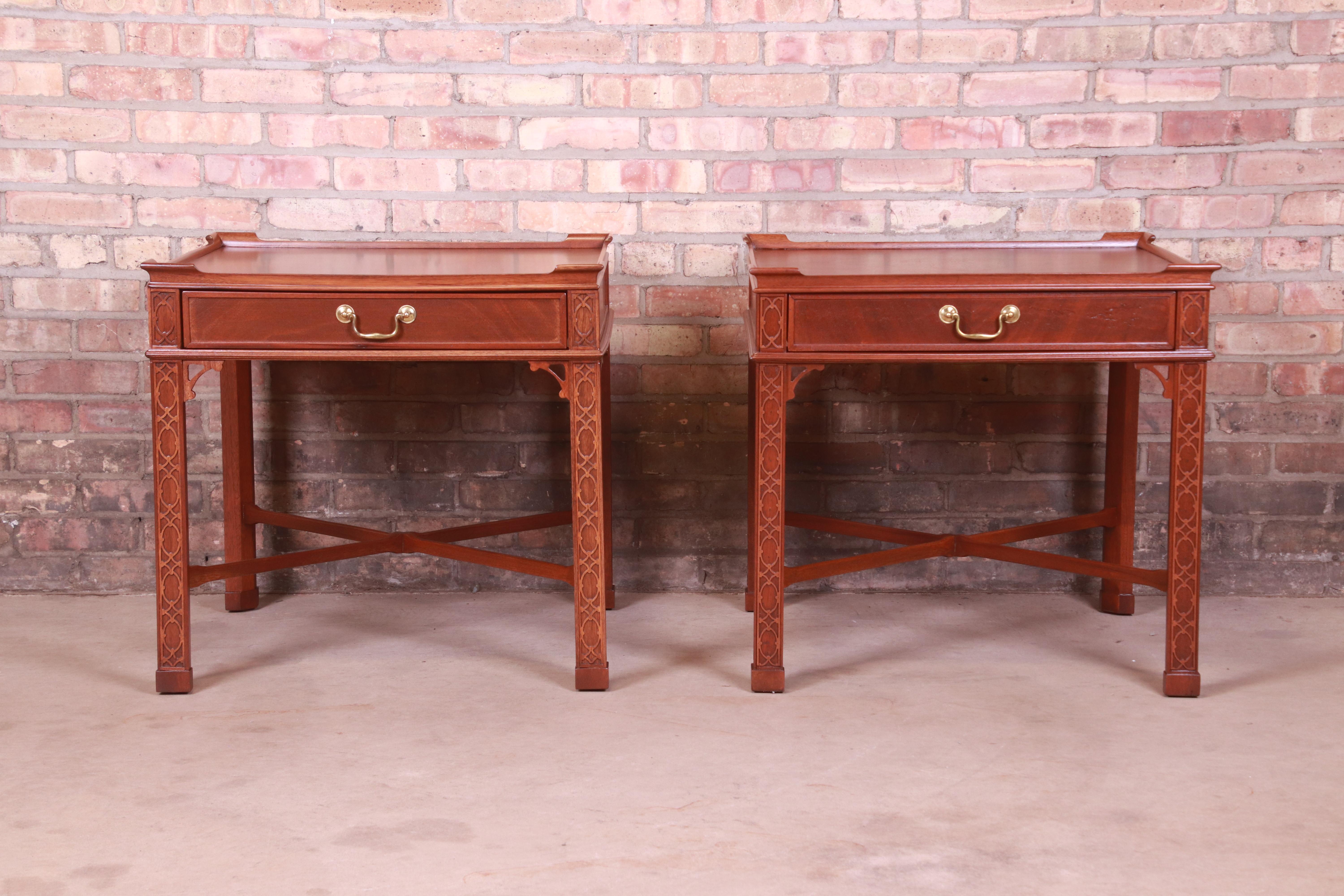 American Baker Furniture Chinese Chippendale Carved Mahogany Bedside Tables, Refinished