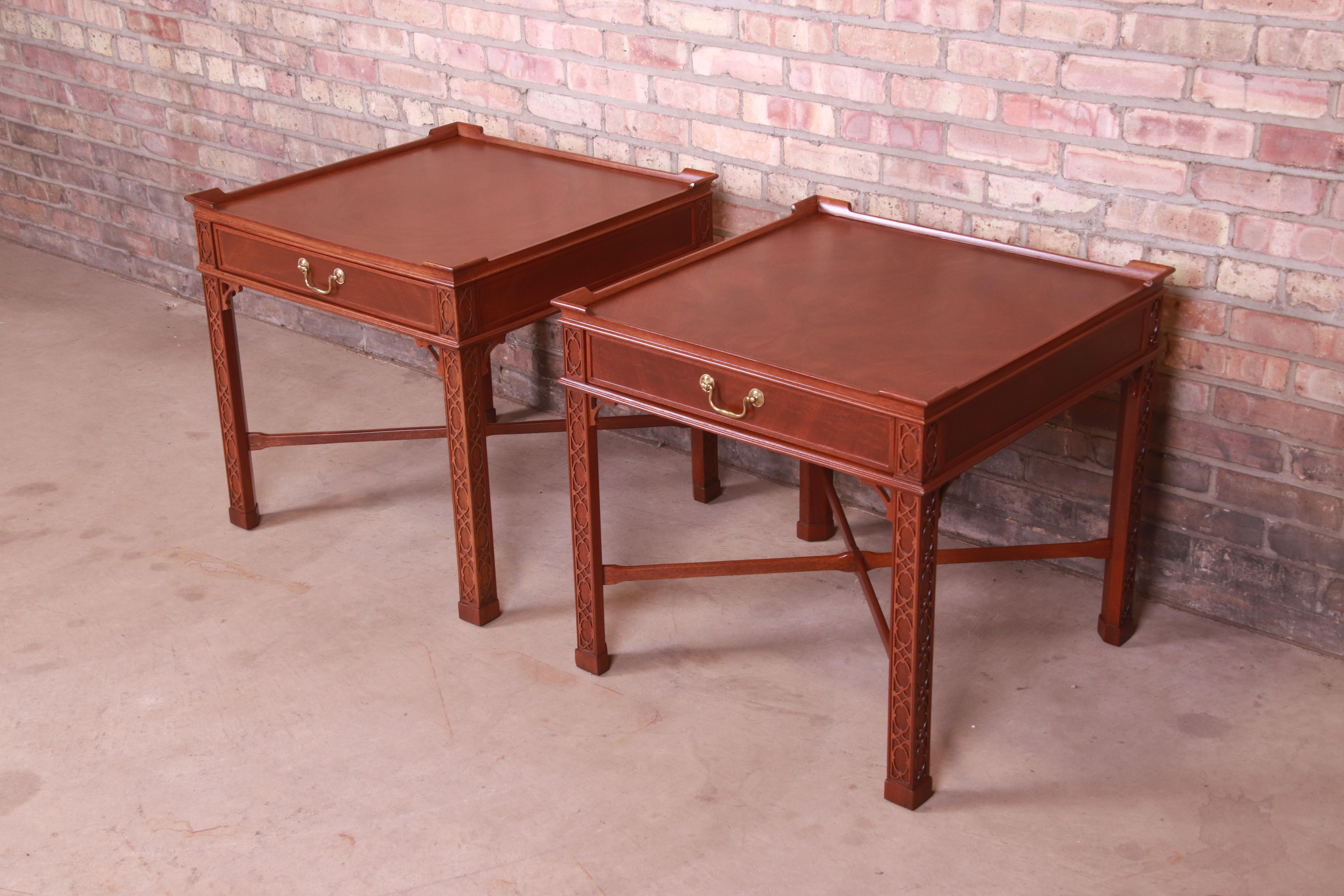 Baker Furniture Chinese Chippendale Carved Mahogany Bedside Tables, Refinished In Good Condition In South Bend, IN
