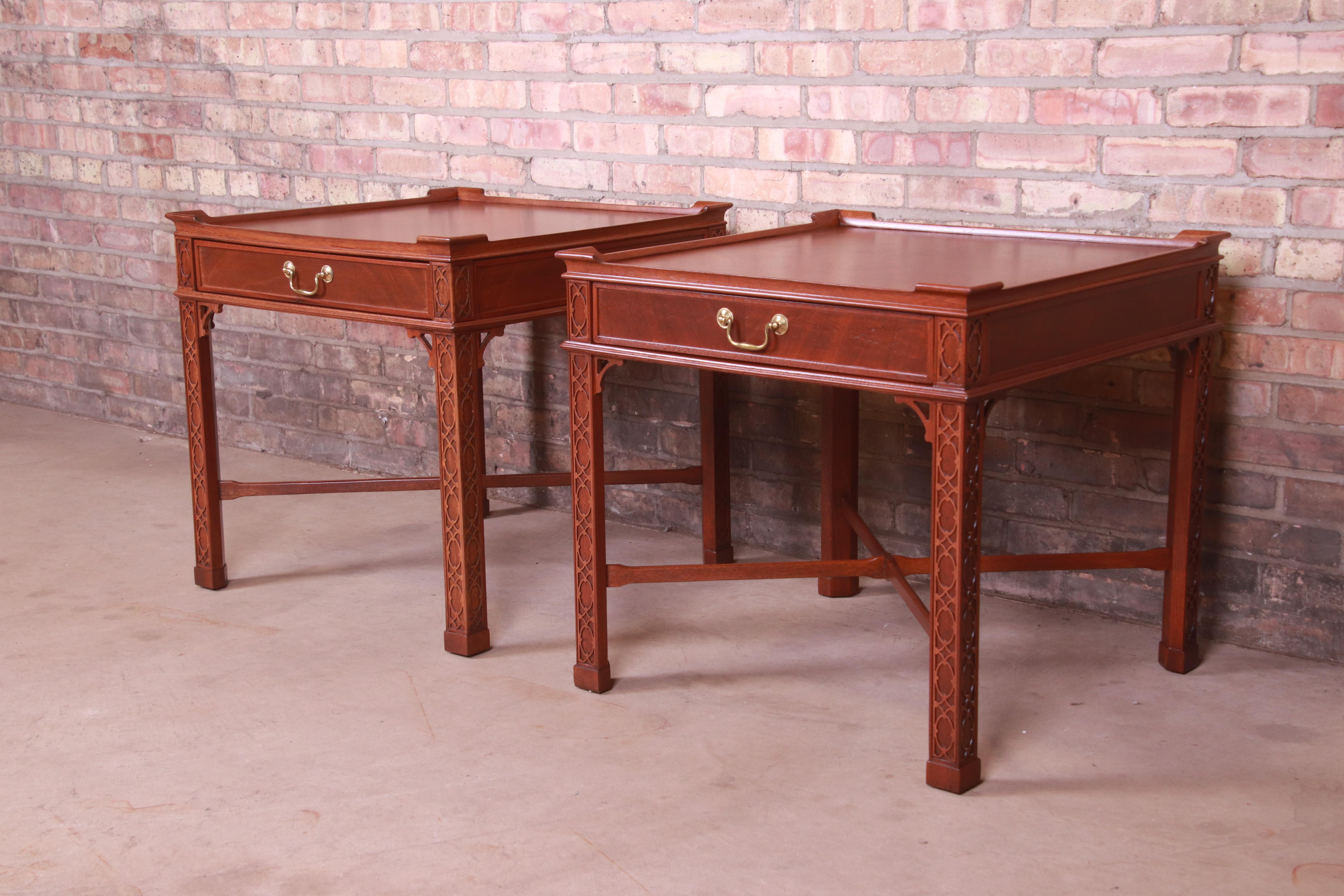 20th Century Baker Furniture Chinese Chippendale Carved Mahogany Bedside Tables, Refinished