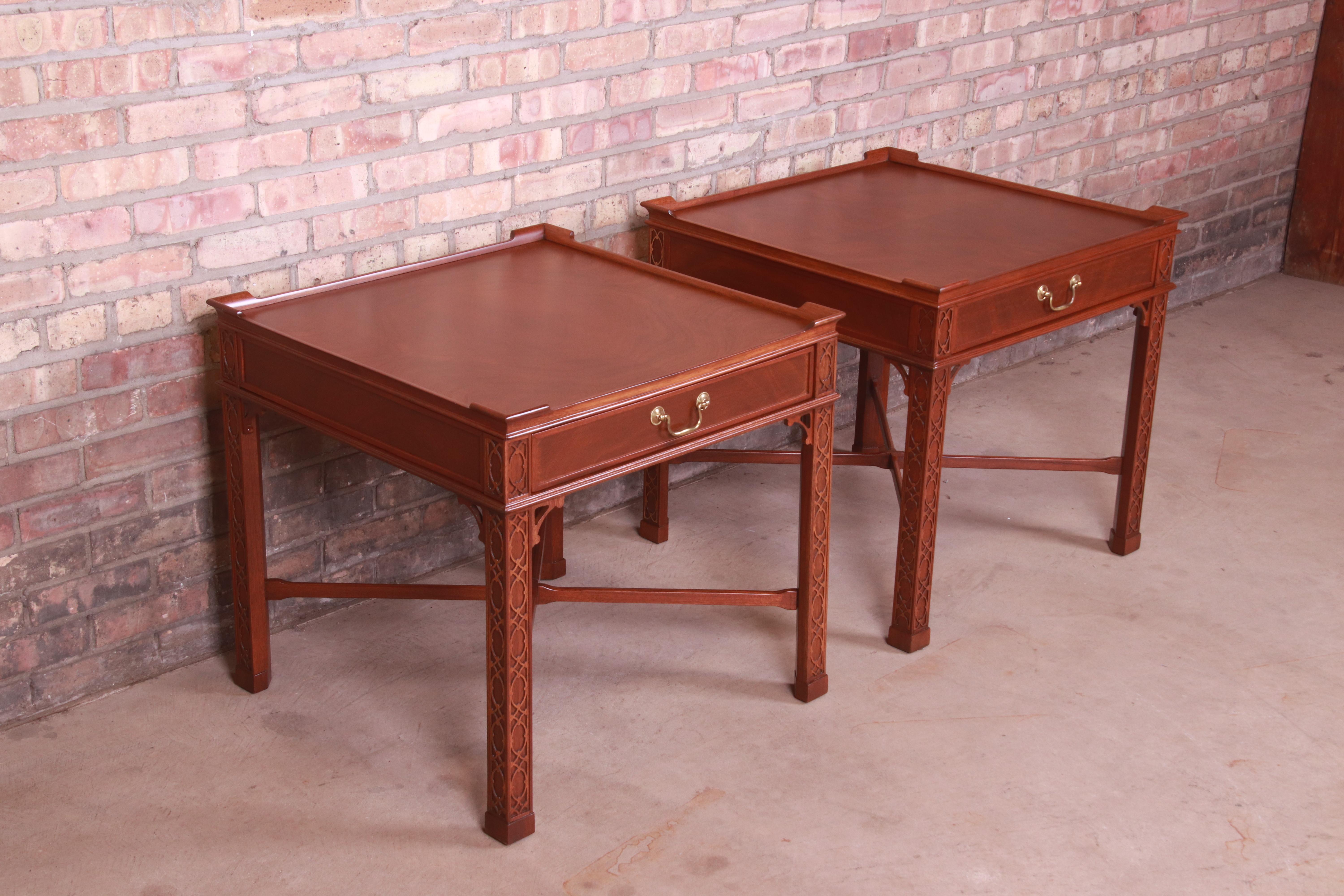 Brass Baker Furniture Chinese Chippendale Carved Mahogany Bedside Tables, Refinished