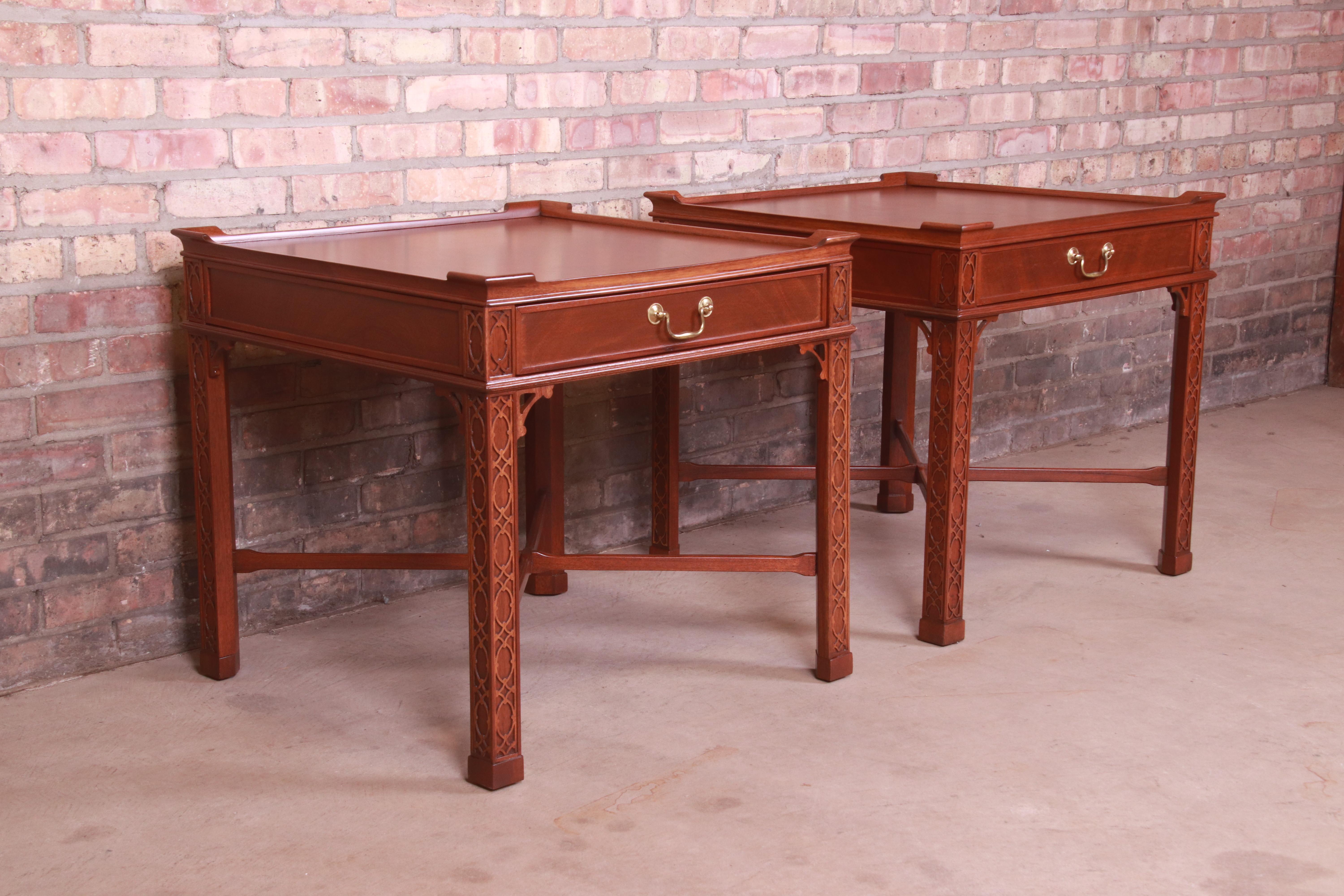 Baker Furniture Chinese Chippendale Carved Mahogany Bedside Tables, Refinished 1