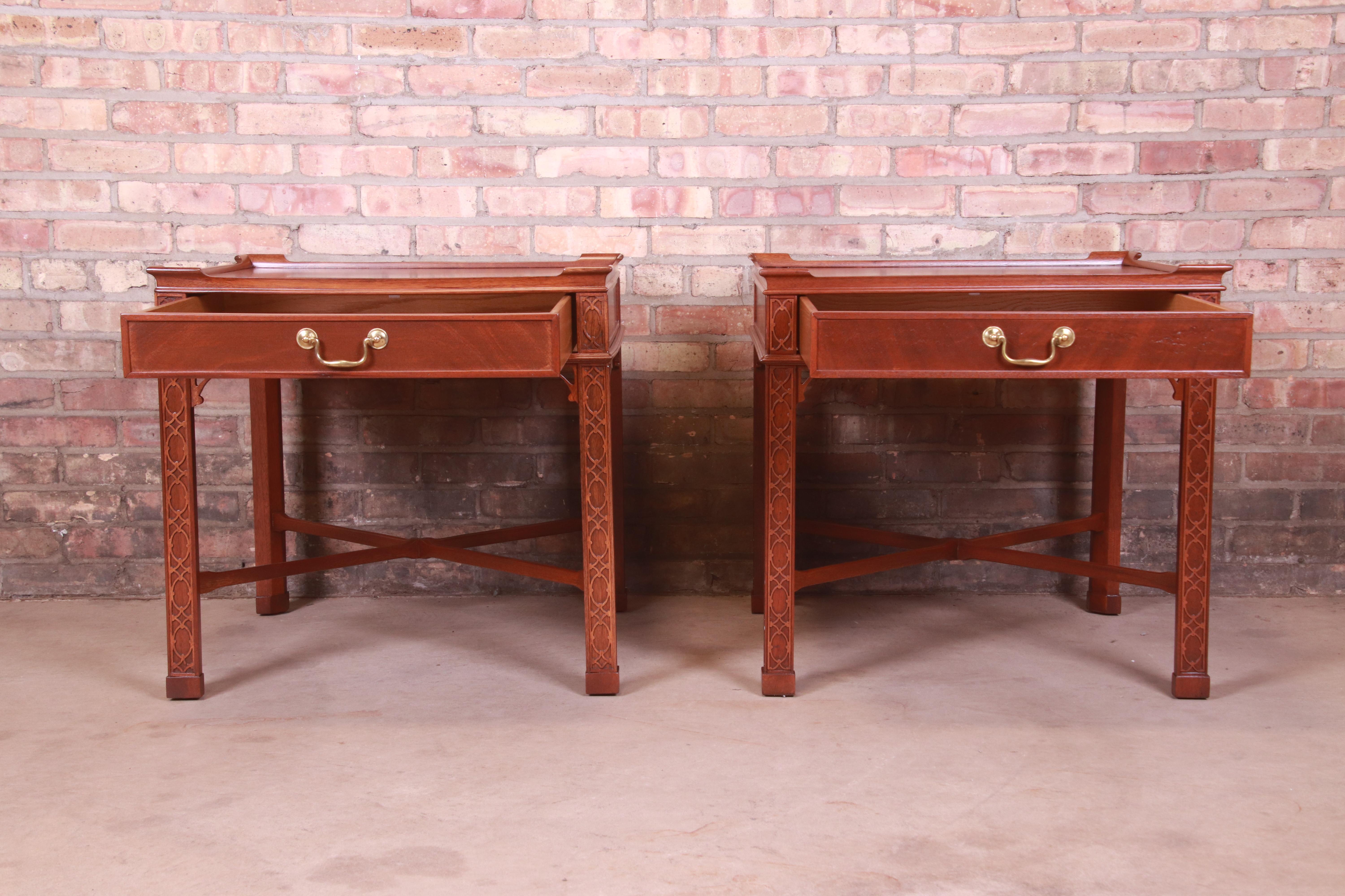 Baker Furniture Chinese Chippendale Carved Mahogany Bedside Tables, Refinished 3