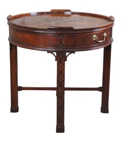 Baker Furniture Chinese Chippendale Carved Mahogany Drum Side Accent Table 26"