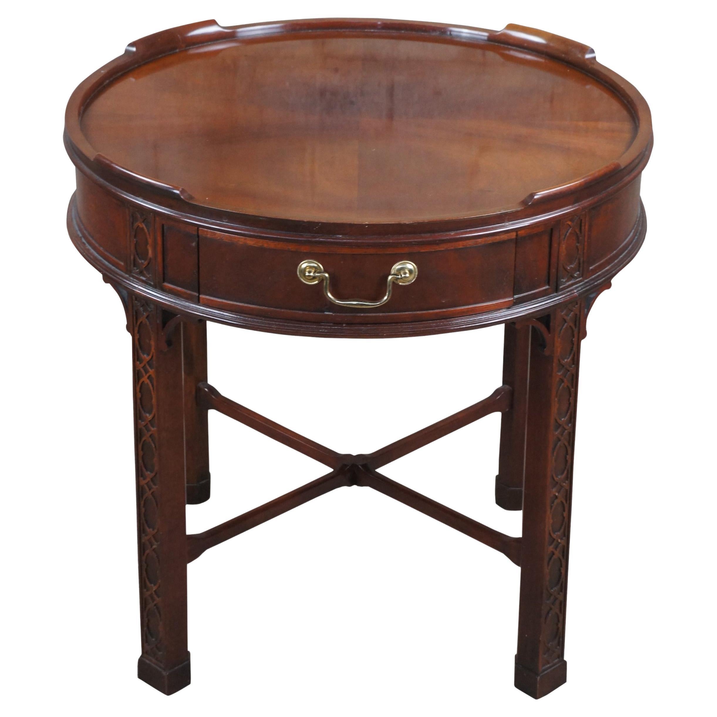 Baker Furniture Chinese Chippendale Carved Mahogany Drum Side Accent Table 26" For Sale