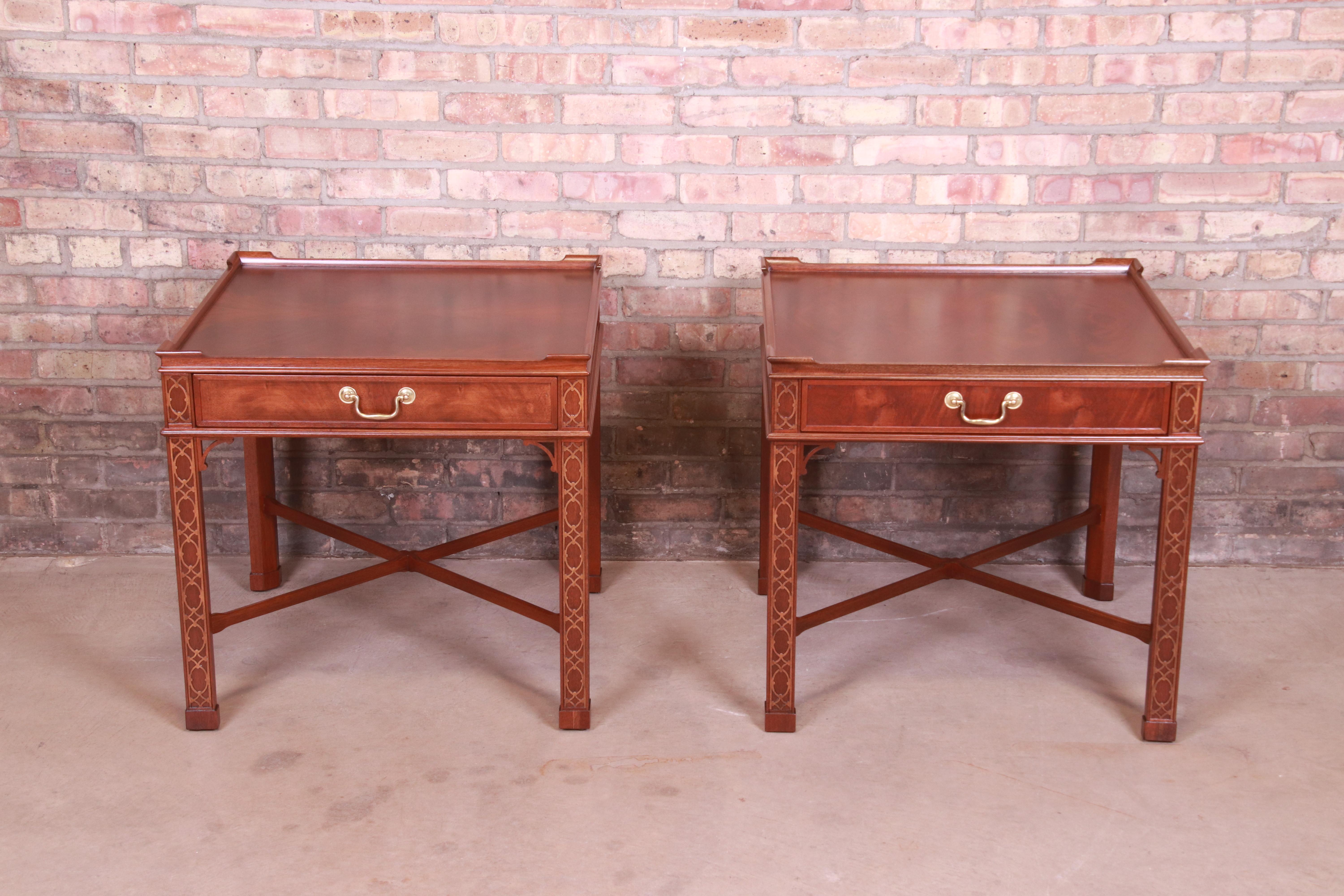 American Baker Furniture Chinese Chippendale Carved Mahogany Nightstands, Refinished