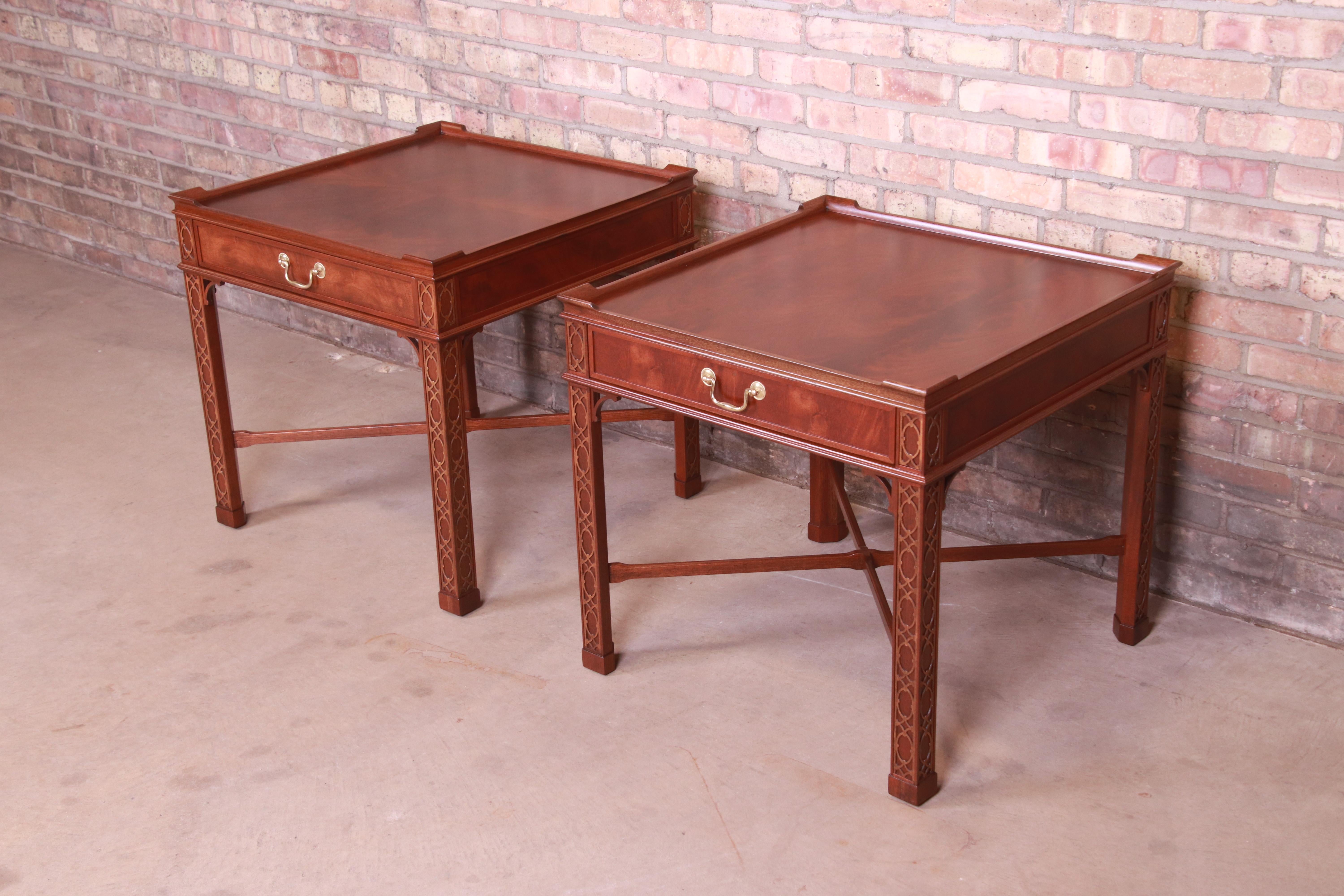 Baker Furniture Chinese Chippendale Carved Mahogany Nightstands, Refinished In Good Condition In South Bend, IN