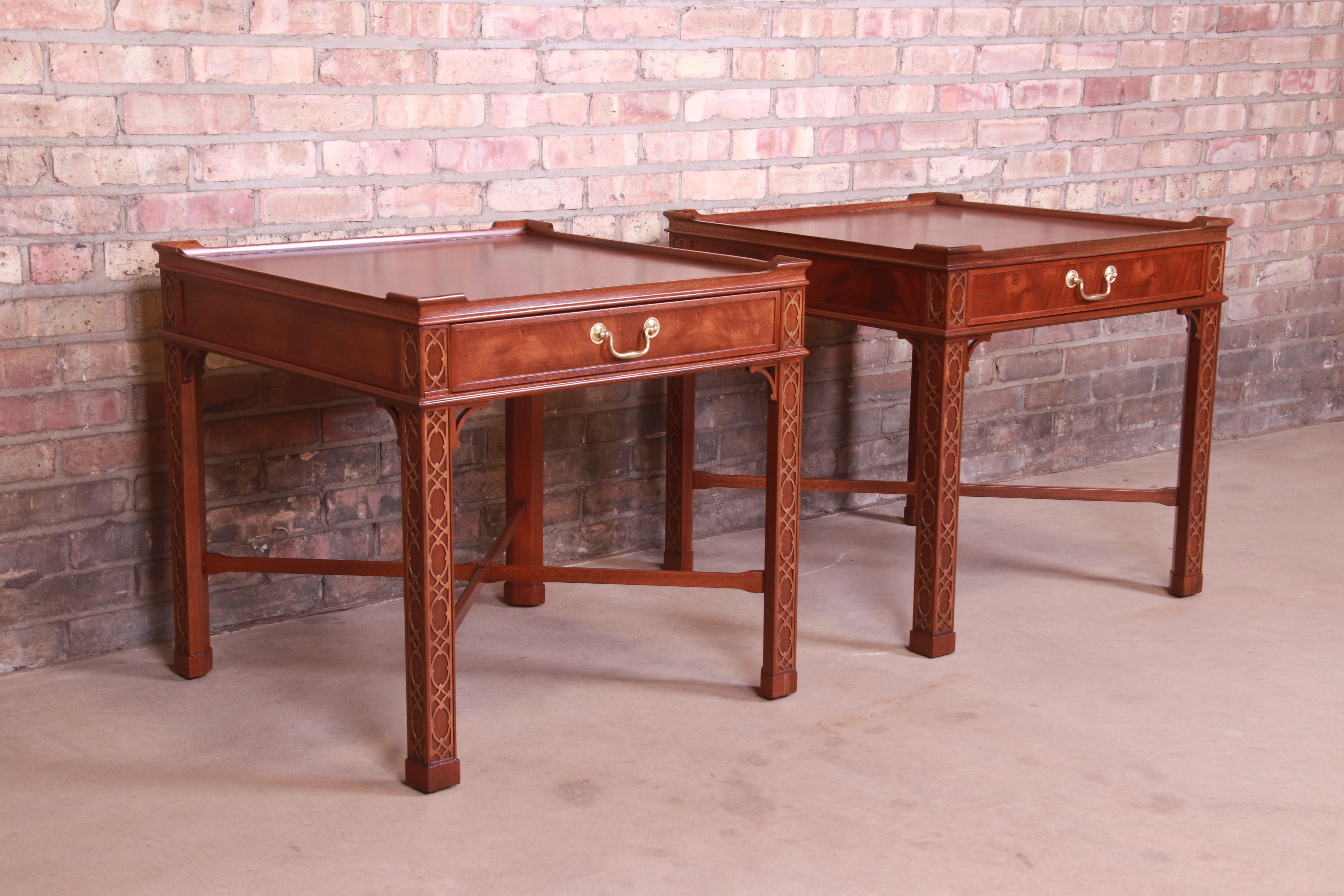 20th Century Baker Furniture Chinese Chippendale Carved Mahogany Nightstands, Refinished