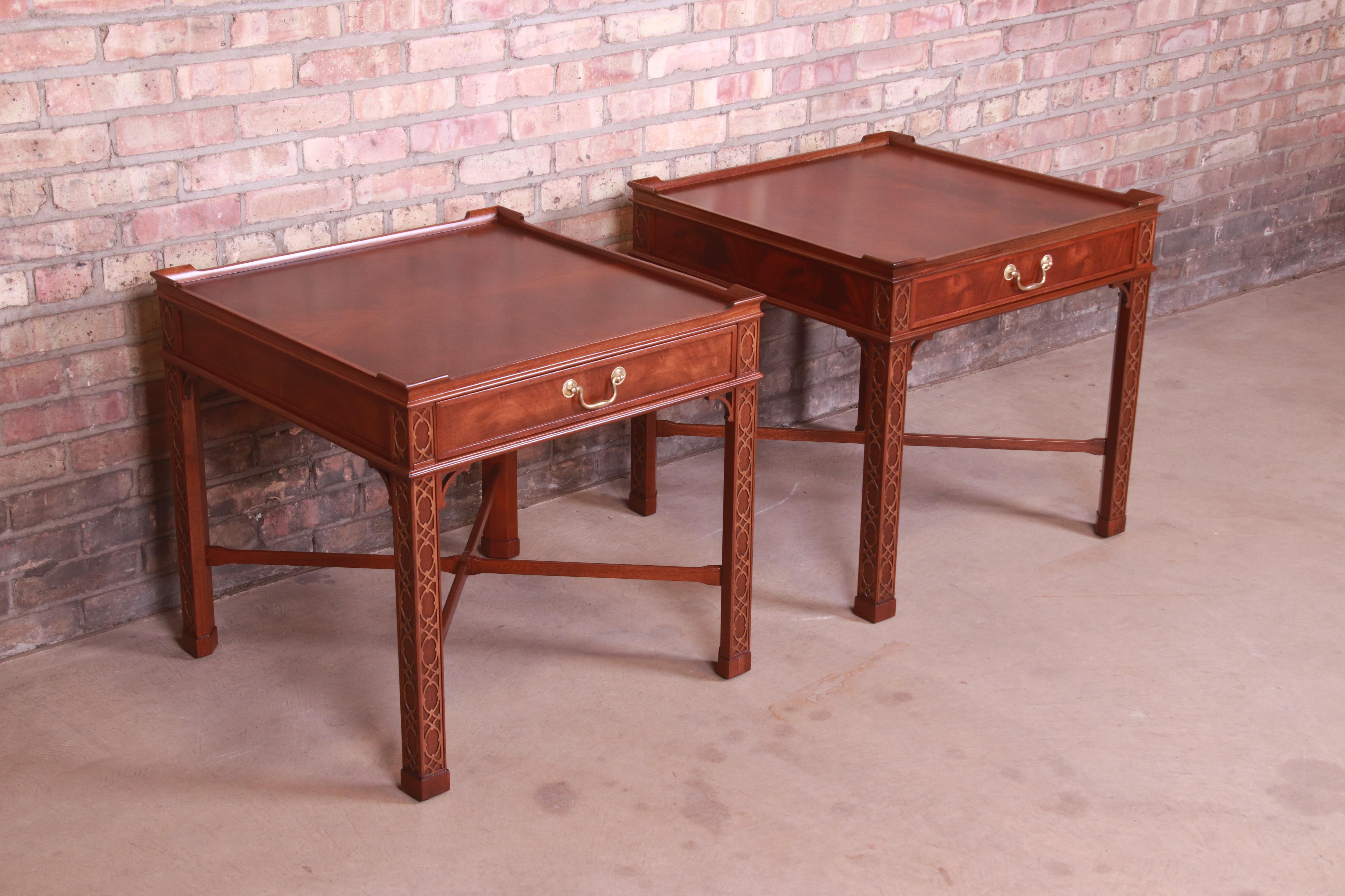 Brass Baker Furniture Chinese Chippendale Carved Mahogany Nightstands, Refinished