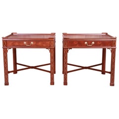 Baker Furniture Chinese Chippendale Carved Mahogany Nightstands, Refinished