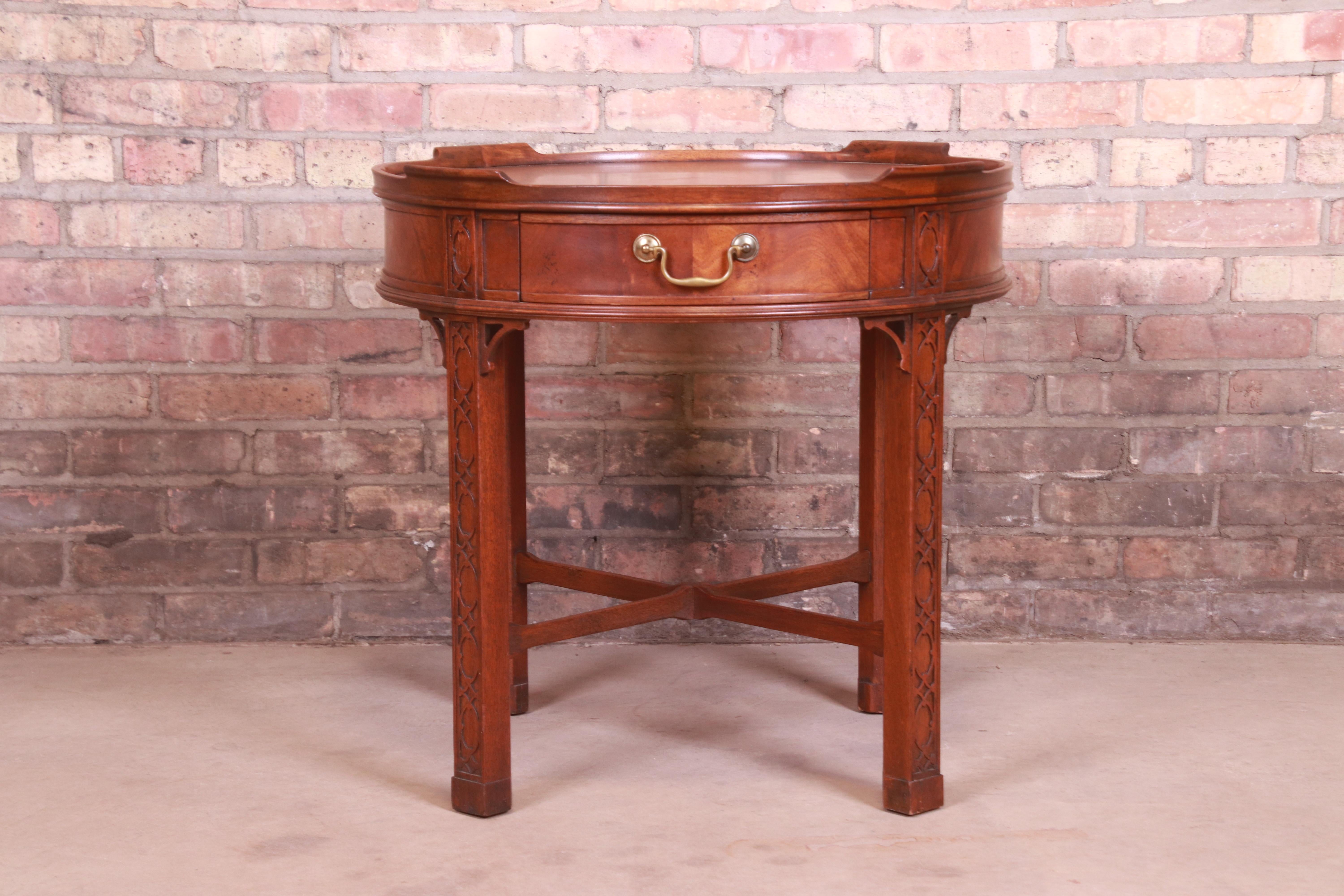 Baker Furniture Chinese Chippendale Carved Mahogany Tea Table In Good Condition In South Bend, IN