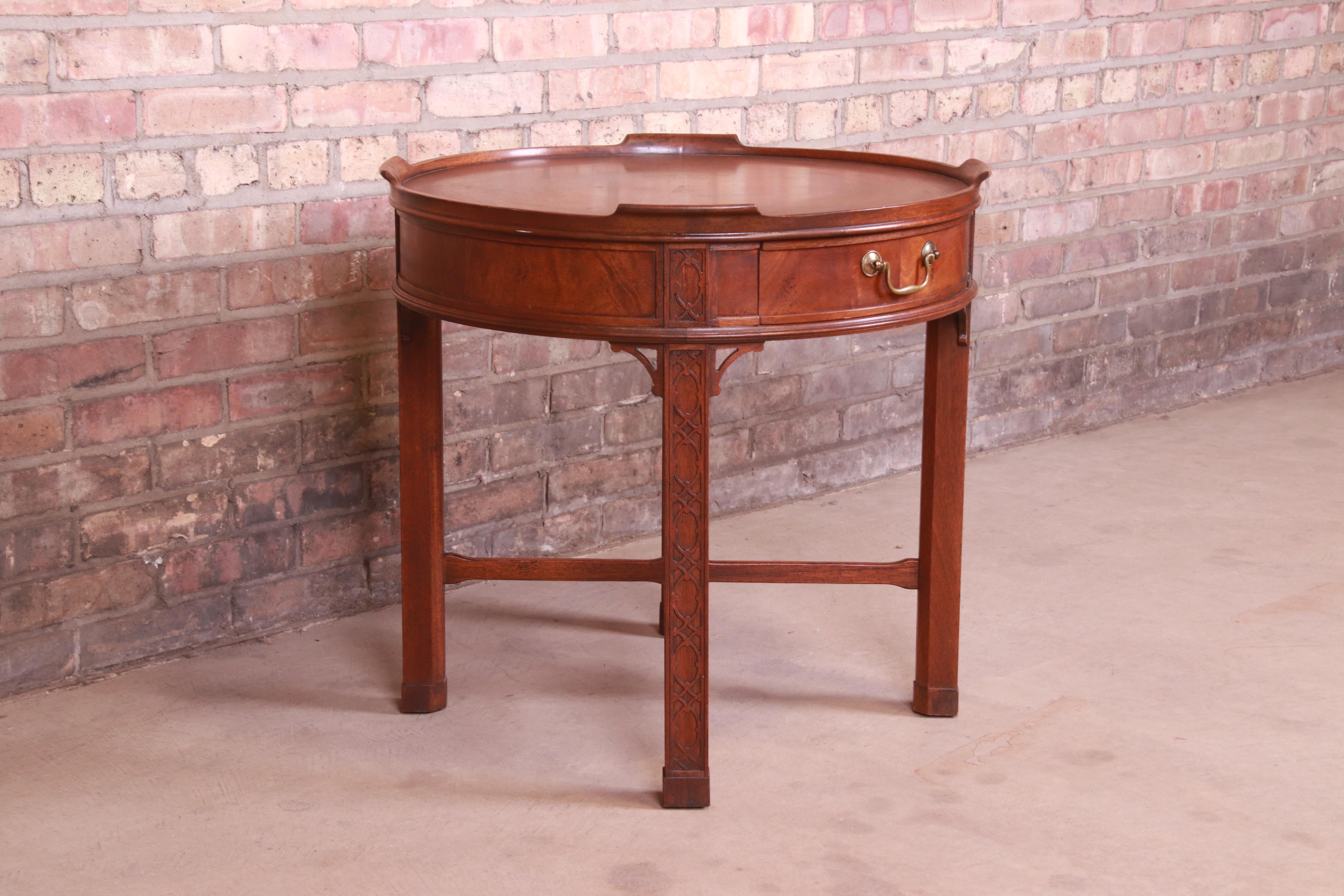 Brass Baker Furniture Chinese Chippendale Carved Mahogany Tea Table