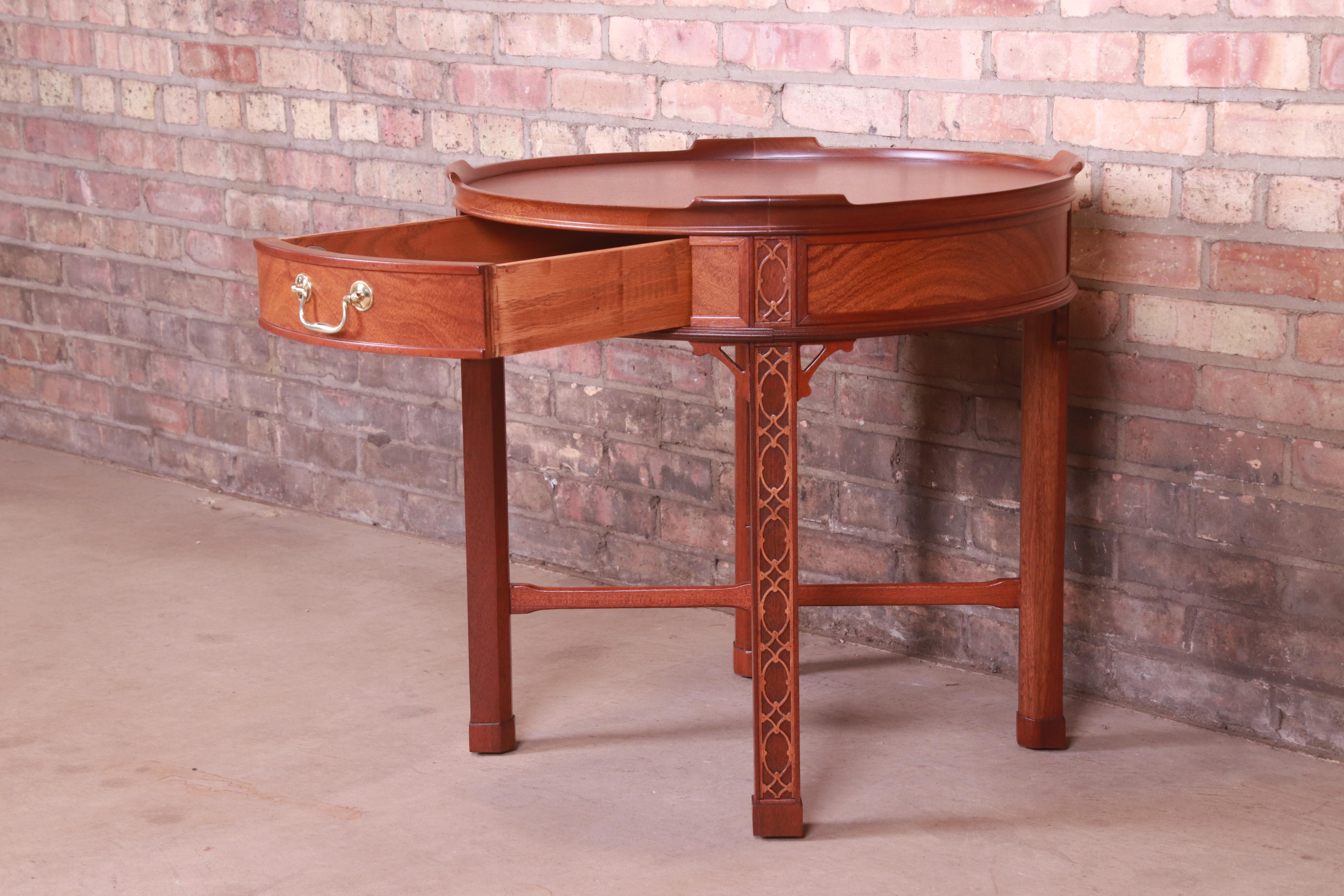 Baker Furniture Chinese Chippendale Carved Mahogany Tea Table, Newly Refinished 4