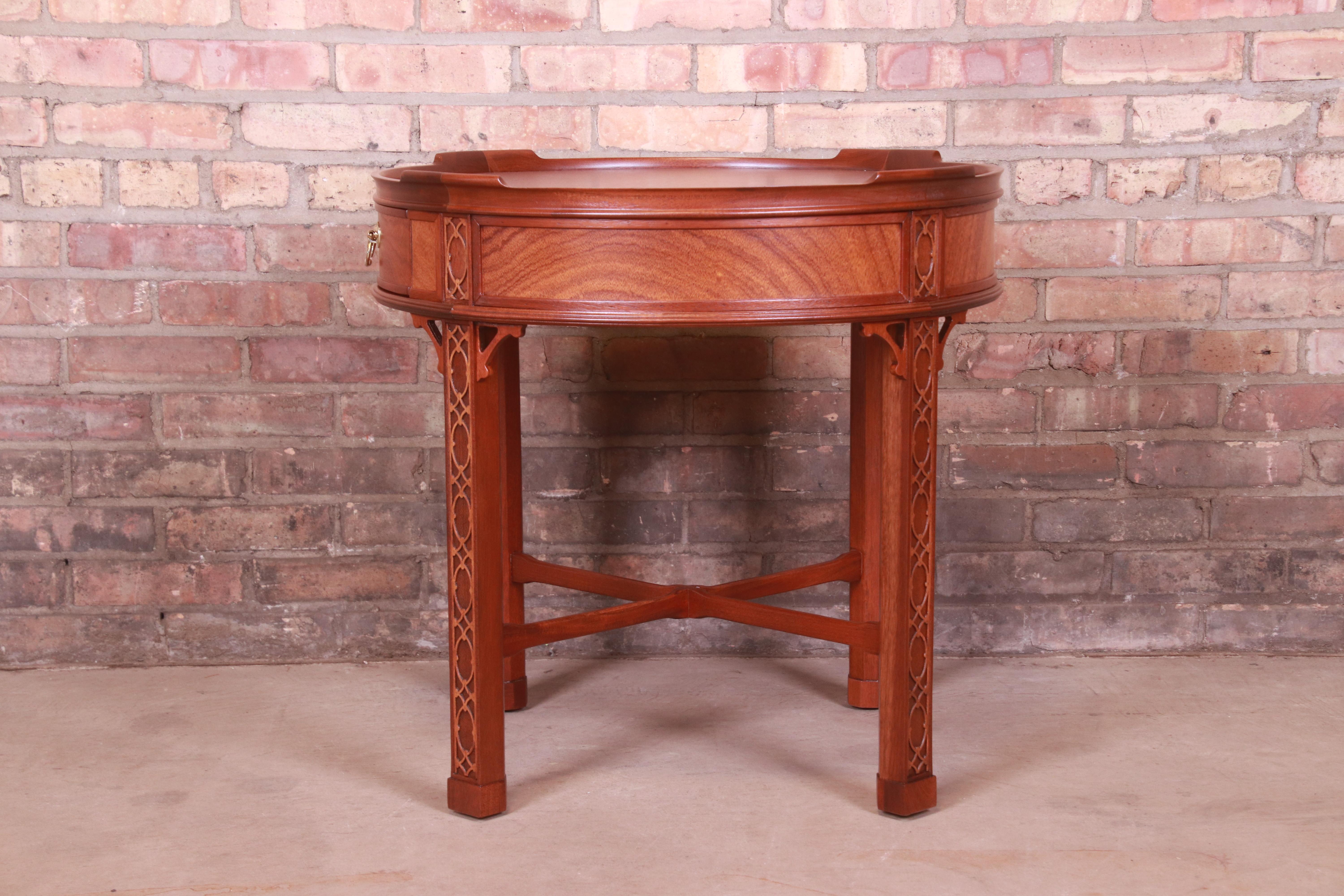 Baker Furniture Chinese Chippendale Carved Mahogany Tea Table, Newly Refinished 10