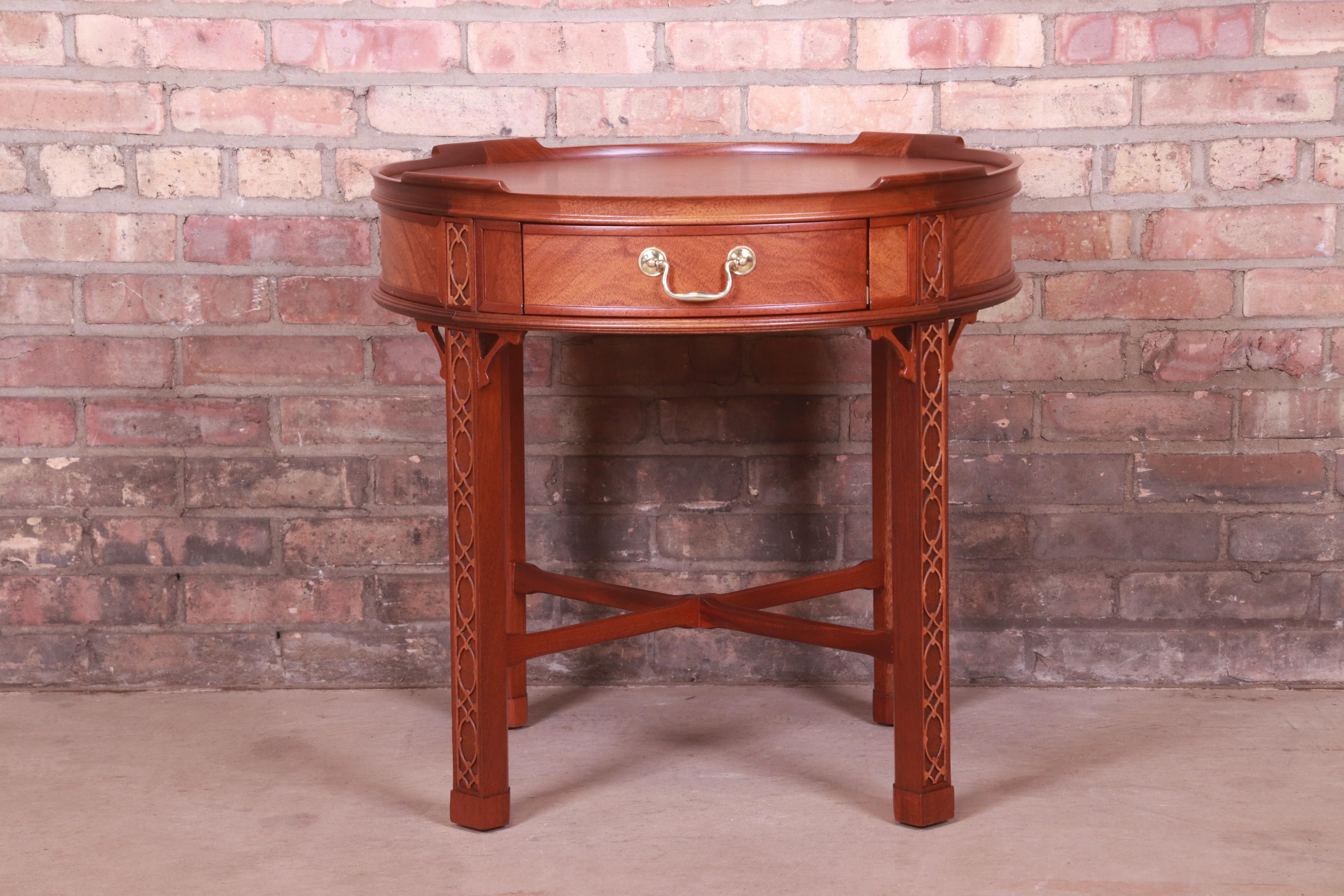 American Baker Furniture Chinese Chippendale Carved Mahogany Tea Table, Newly Refinished