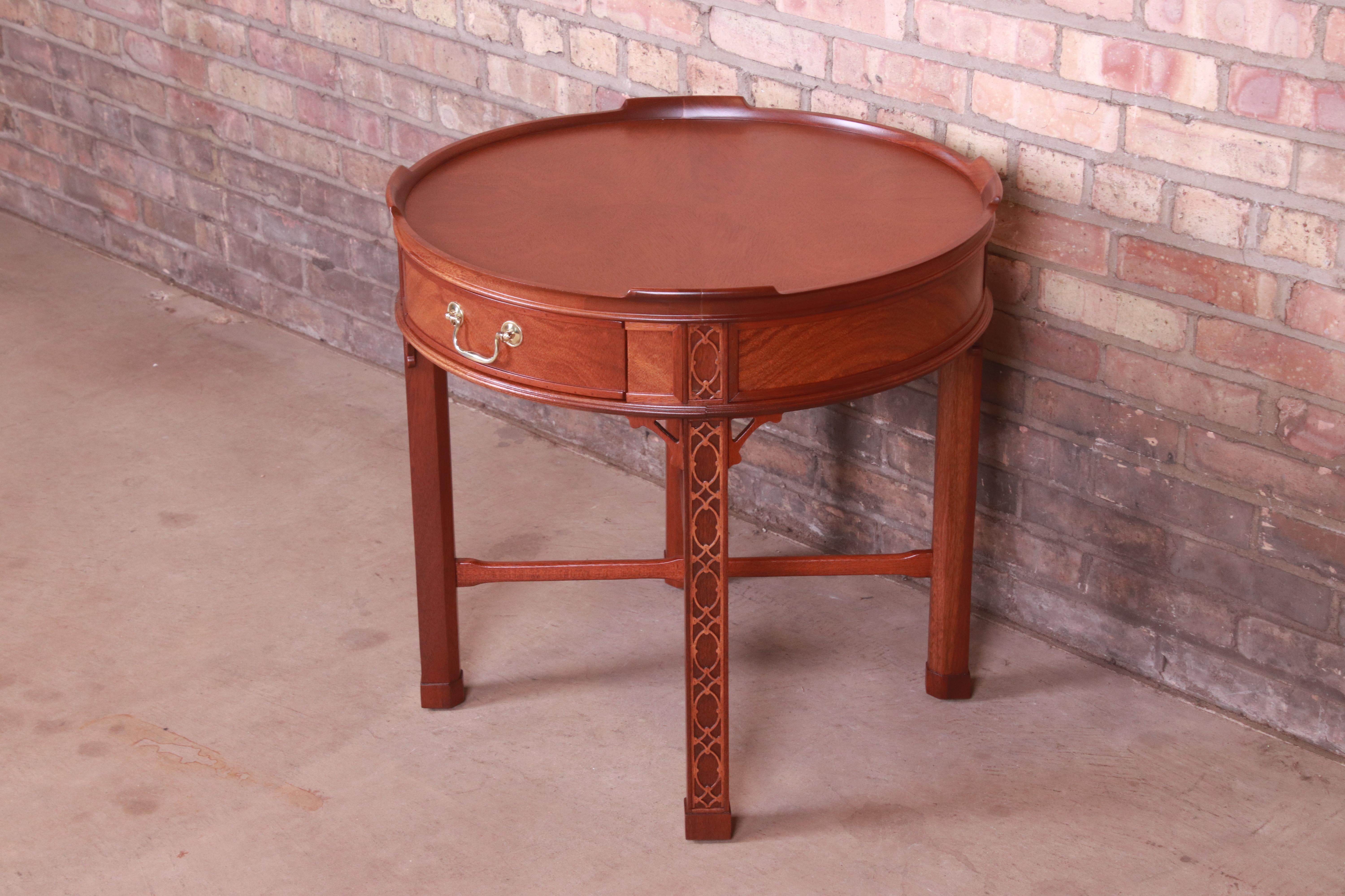 20th Century Baker Furniture Chinese Chippendale Carved Mahogany Tea Table, Newly Refinished