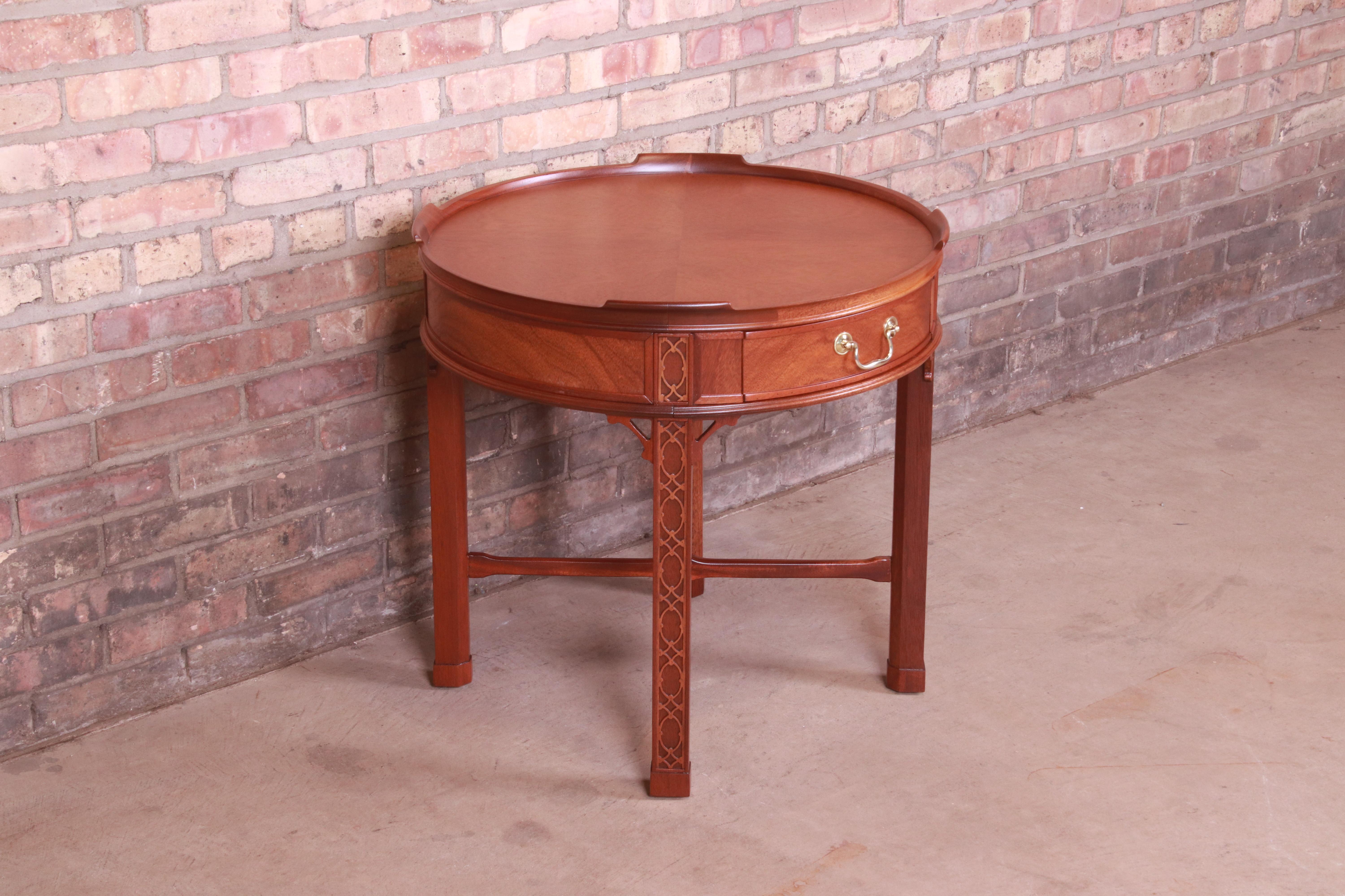 Brass Baker Furniture Chinese Chippendale Carved Mahogany Tea Table, Newly Refinished