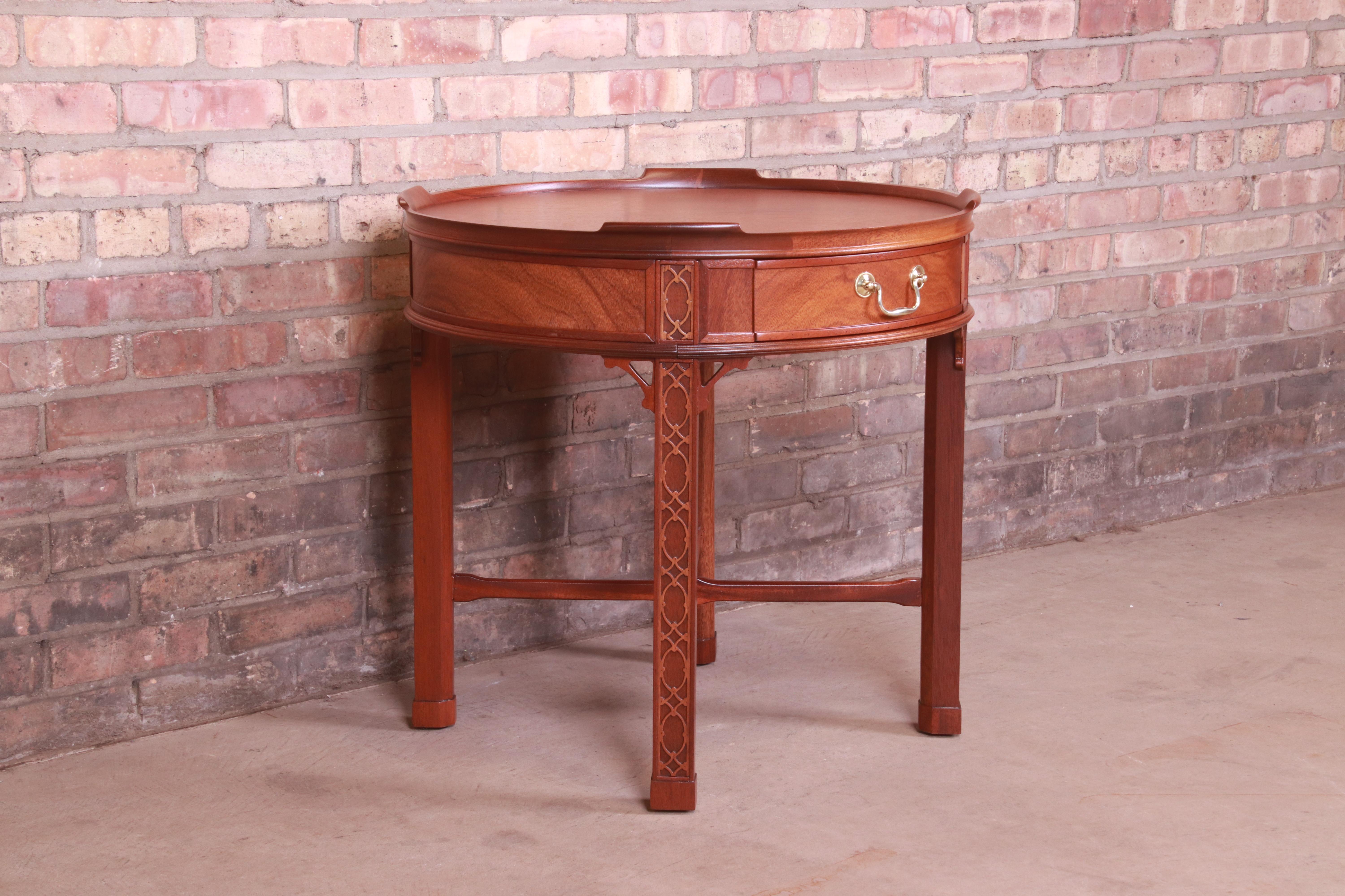 Baker Furniture Chinese Chippendale Carved Mahogany Tea Table, Newly Refinished 1