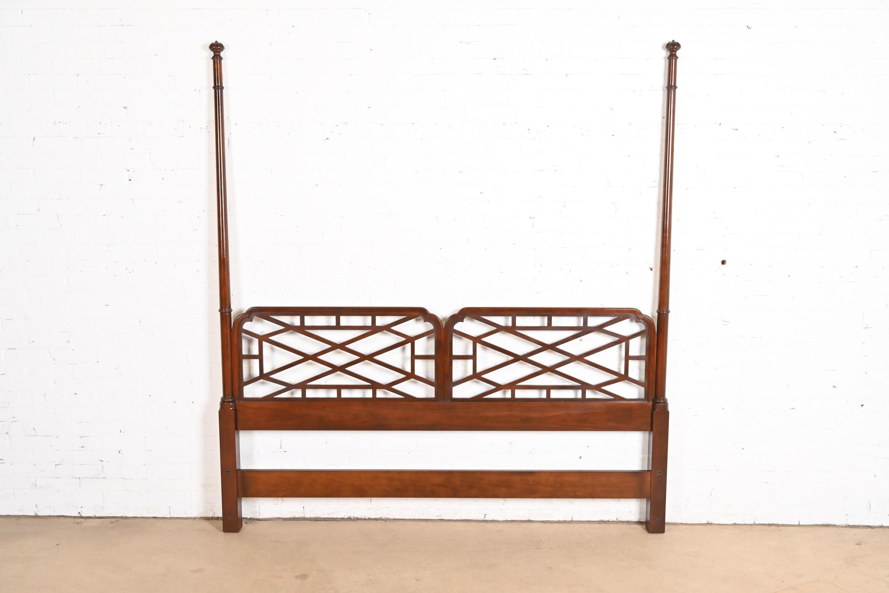 Hollywood Regency Baker Furniture Chinese Chippendale Cherry Wood King Size Poster Headboard For Sale