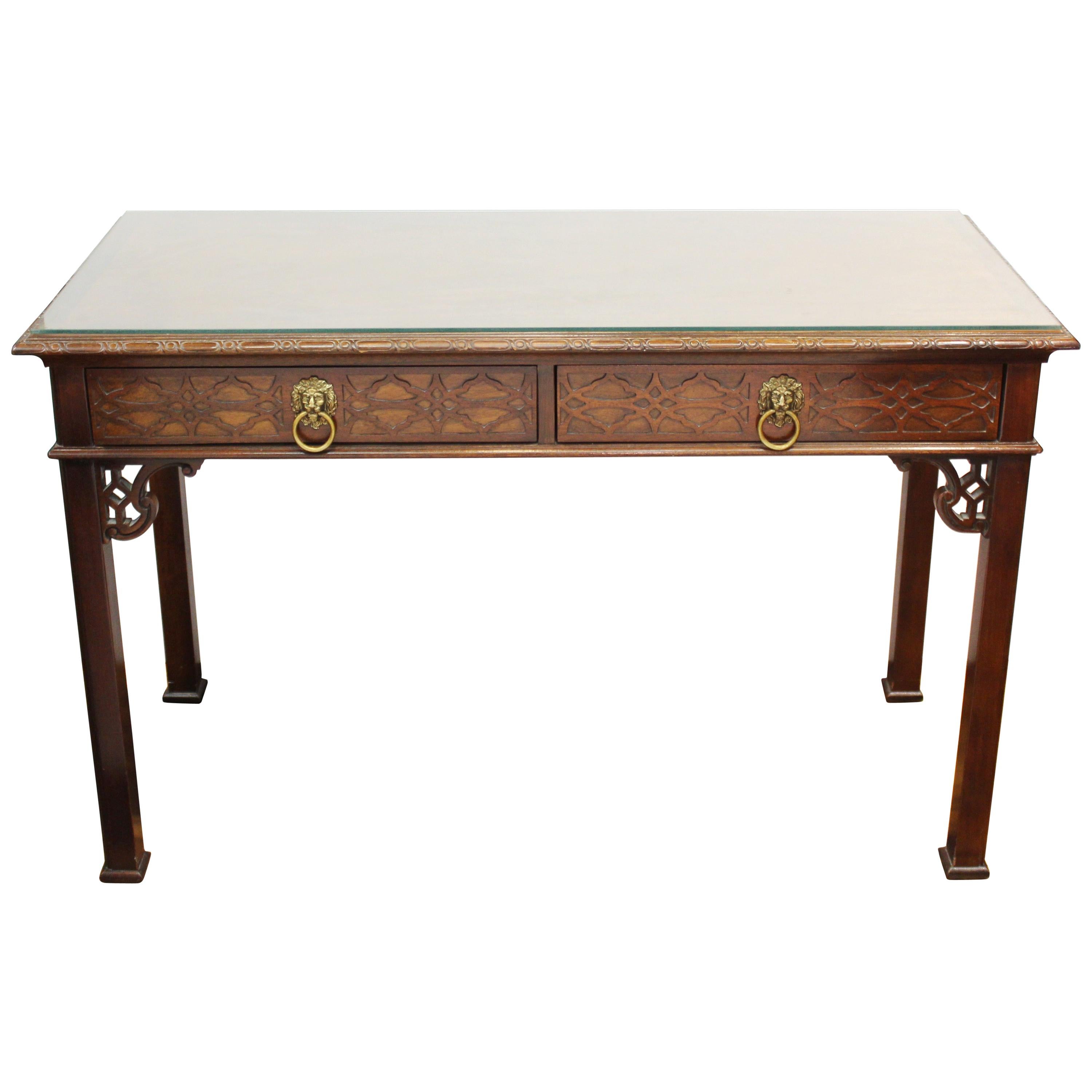 Baker Furniture Chinese Chippendale Style Console Table Desk with Glass Top