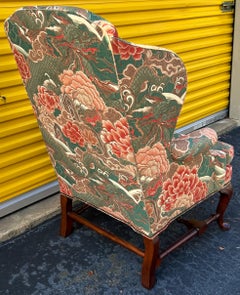 Baker Furniture Chinese Chippendale Style Mahogany Wingback Chairs, Pair