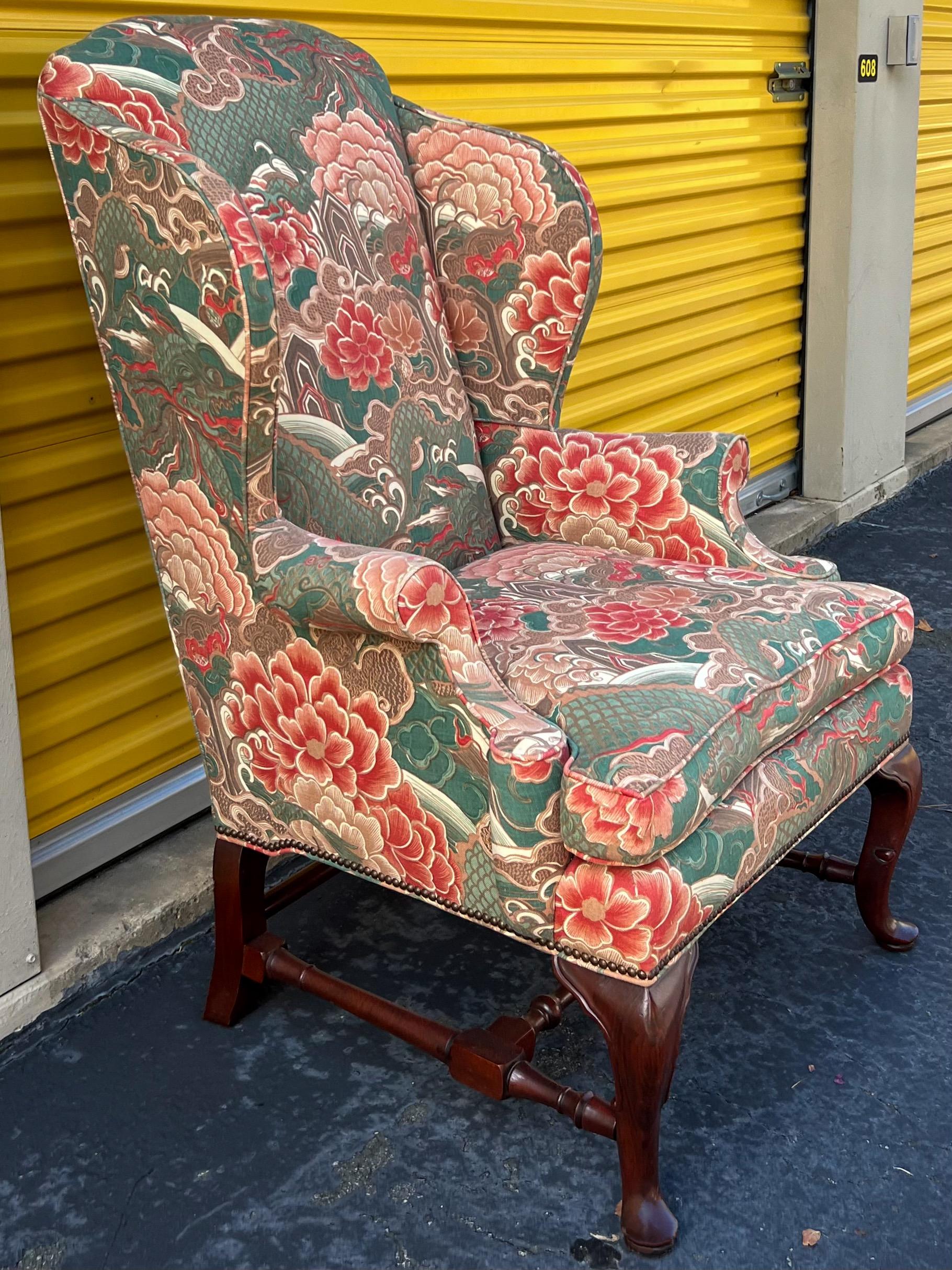 American Baker Furniture Chinese Chippendale Style Mahogany Wingback Chairs, Pair