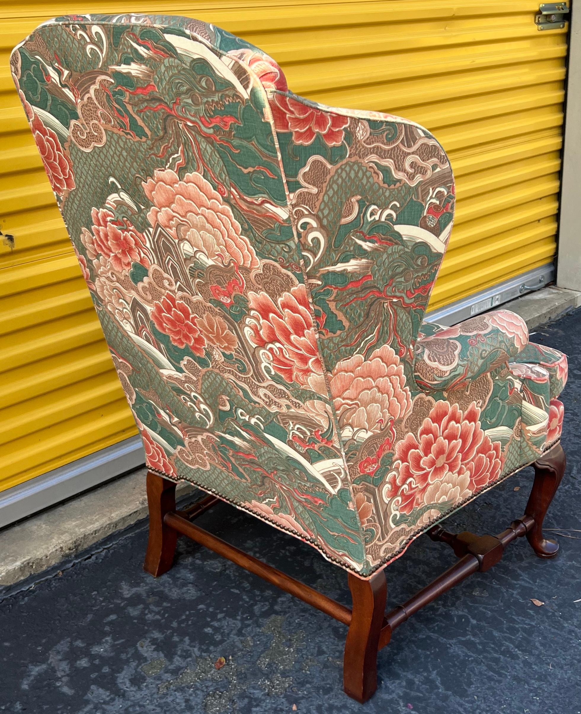 Baker Furniture Chinese Chippendale Style Mahogany Wingback Chairs, Pair In Good Condition In Kennesaw, GA