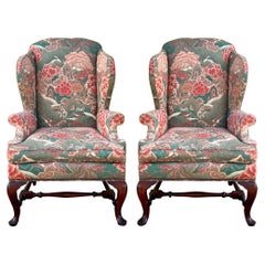 Baker Furniture Chinese Chippendale Style Mahogany Wingback Chairs, Pair