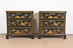 Baker Furniture Chinoiserie Black Lacquer and Gold Gilt Bedside Chests, Pair
