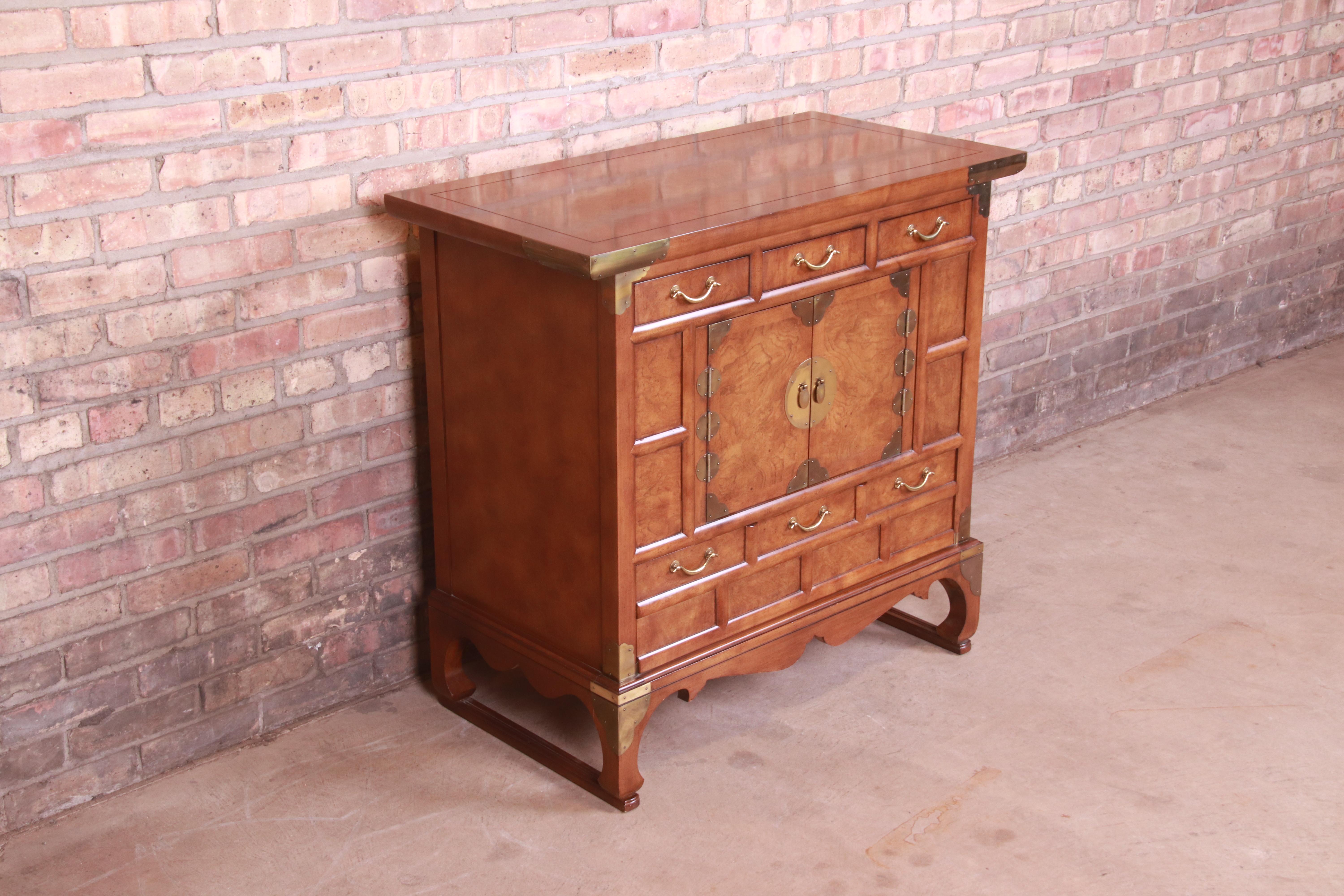 Mid-Century Modern Baker Furniture Chinoiserie Burl Wood Commode or Bar Cabinet, Circa 1960s For Sale